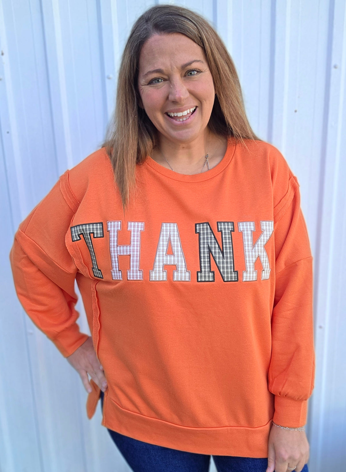 Pumpkin Round Neck Drop Shoulder Long Sleeve Oversized Loose Fit French Terry THANKS Pullover