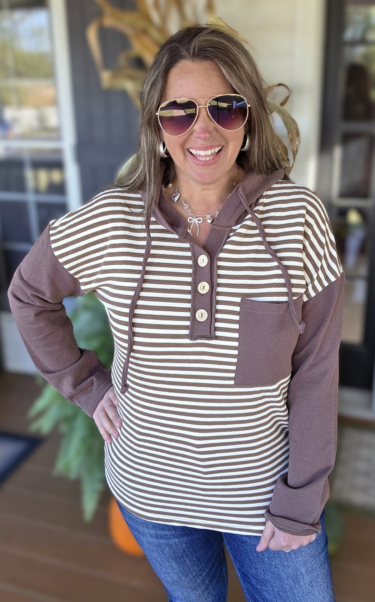 BROWN STRIPED CONTRAST KNIT BUTTON TRIM HOODIE