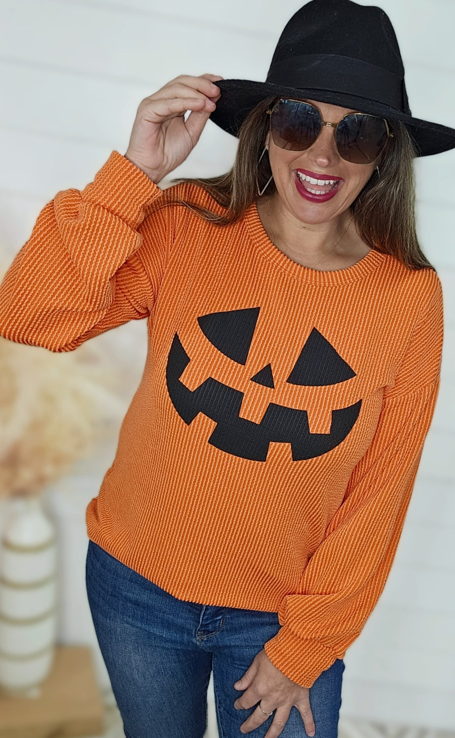 ORANGE RAISED RIBBED JACK O LANTERN TOP