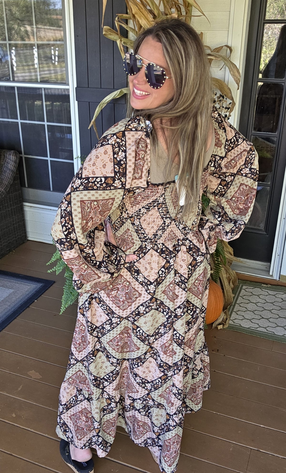 BOHO PATHCHWORK SQUARE NECKLINE WITH SMOCKED TOP LONG DRESS