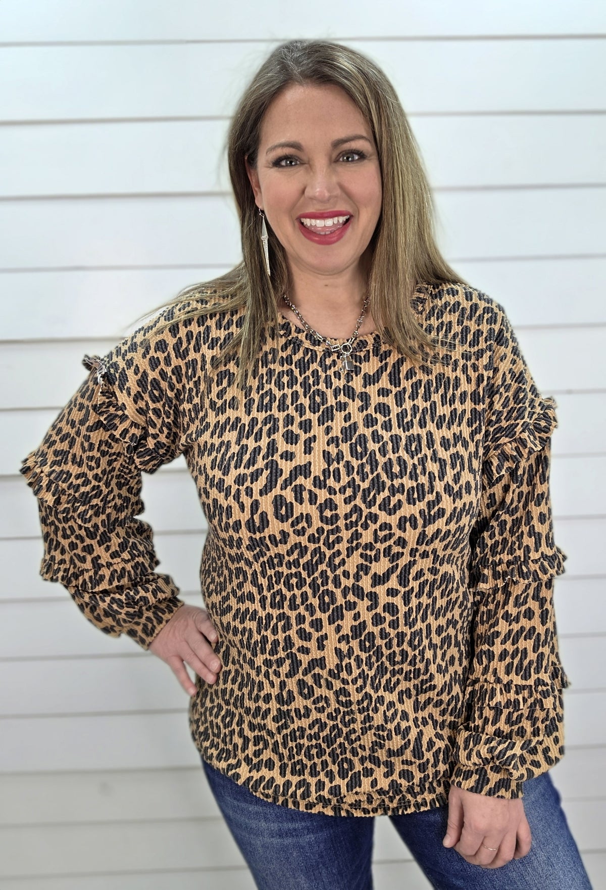 CAMEL LEOPARD RAISED RIBBED RUFFLE SLEEVE TOP