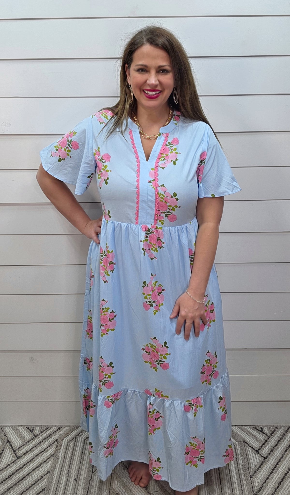 SKY BLUE/PINK FLORAL LONG DRESS