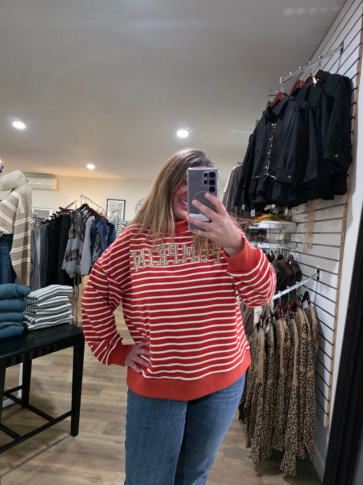 RUST PUMPKIN EMBROIDERED STRIPED With Ribbed Cuffs And Hemline Stripe