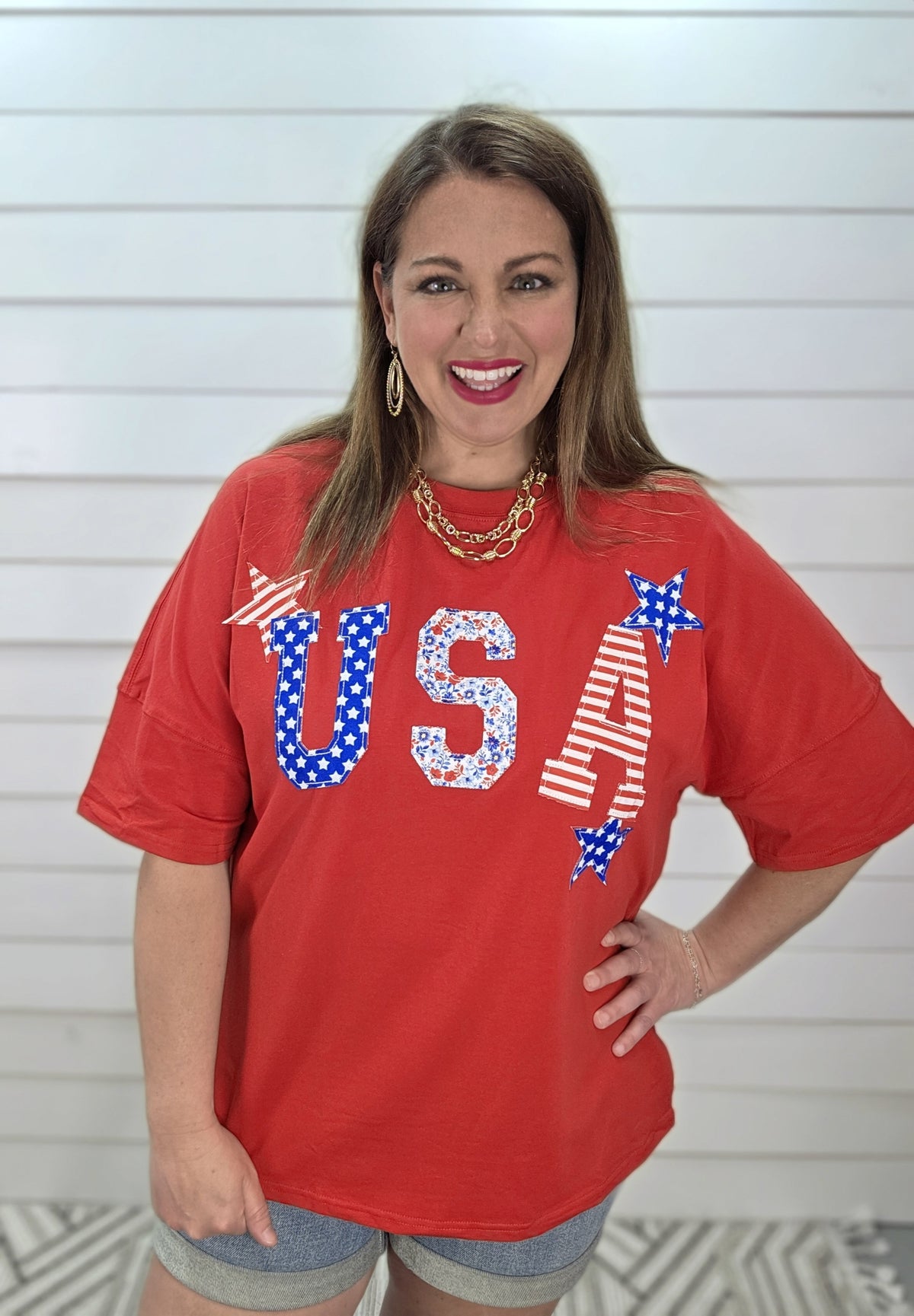 RED USA EMBROIDRED KNIT SHORT SLEEVE TOP