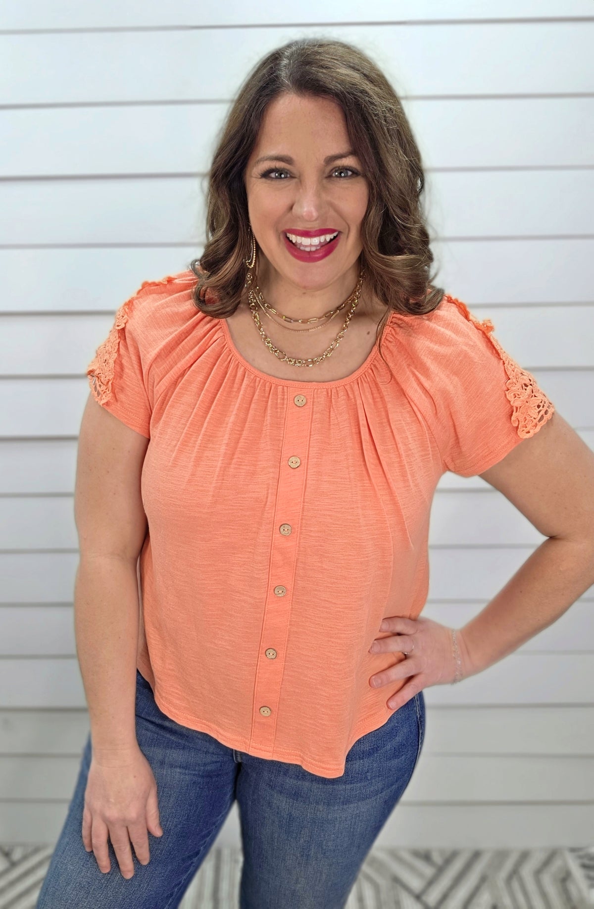 ORANGE COTTON SLUB TOP W/ LACE SLEEVES AND FAUX BUTTONS