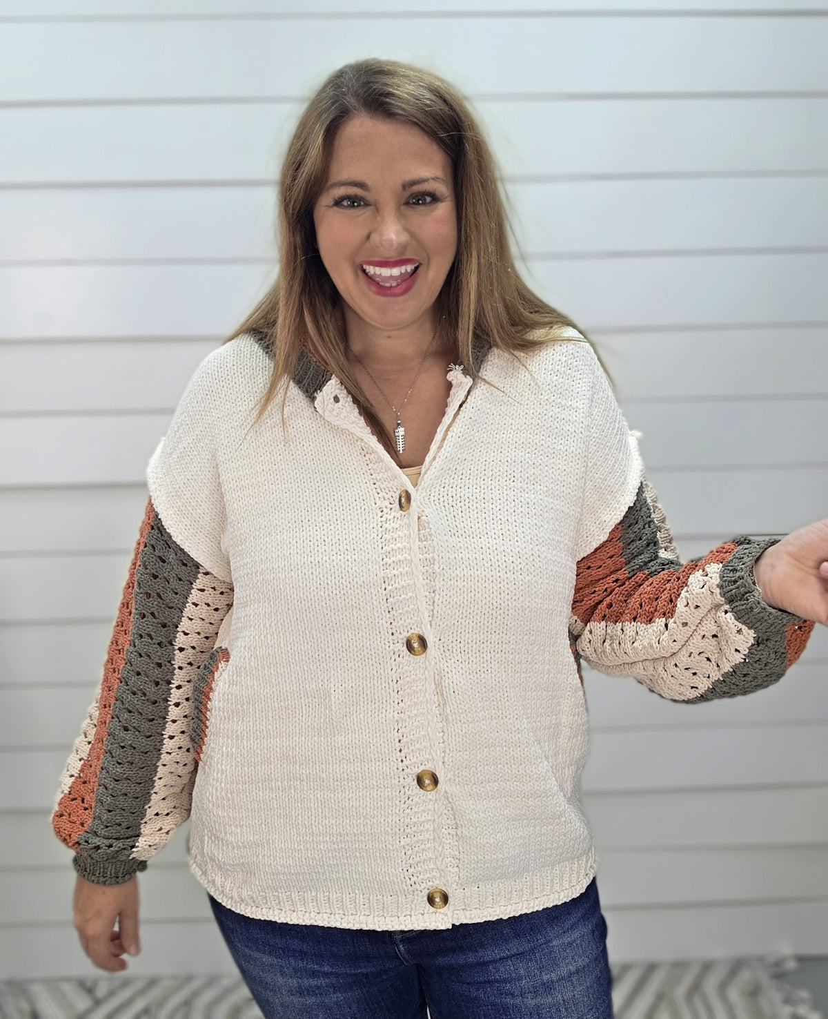 IVORY BUTTON KNIT SWEATER W/ OPEN KNIT COLORBLOCK SLEEVES