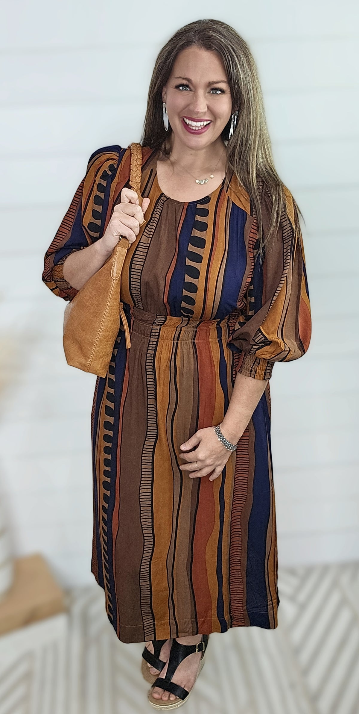 BROWN MIX GEO PRINT MIDI DRESS