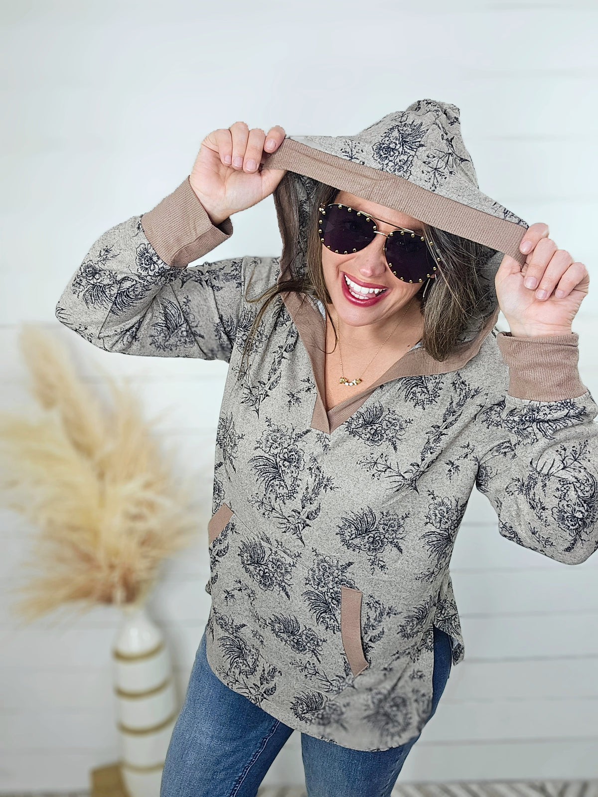 TAUPE FLORAL BRUSHED KNIT V NECK HOODIE