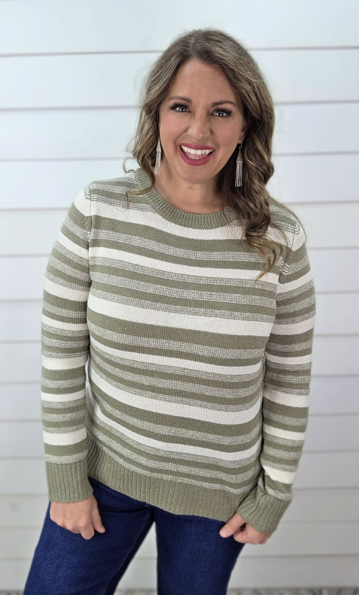 OLIVE STRIPED CREW NECK PULLOVER SWEATER