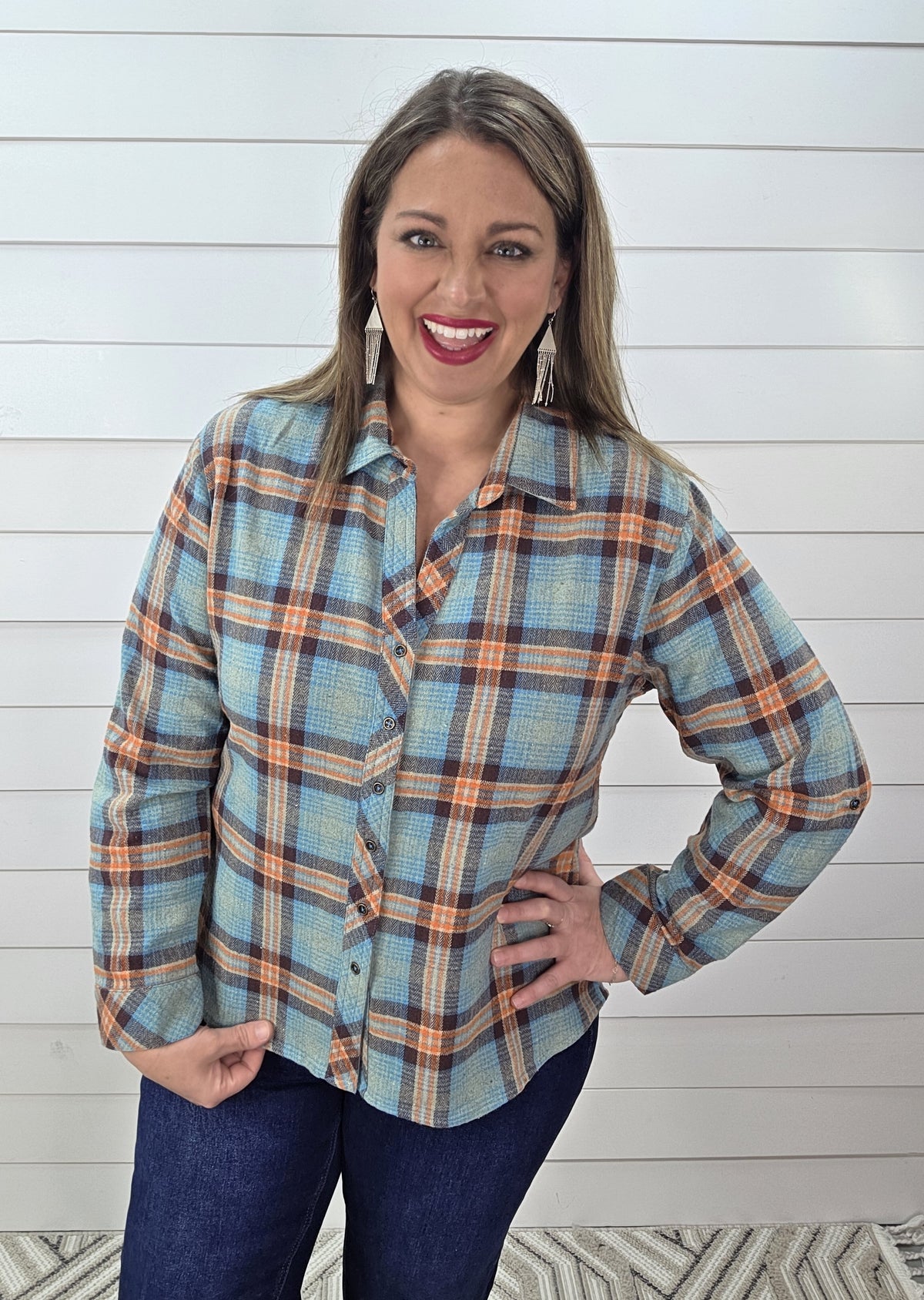 KAREN HART TEAL HIGH LOW FLANNEL PLAID BUTTON DOWN