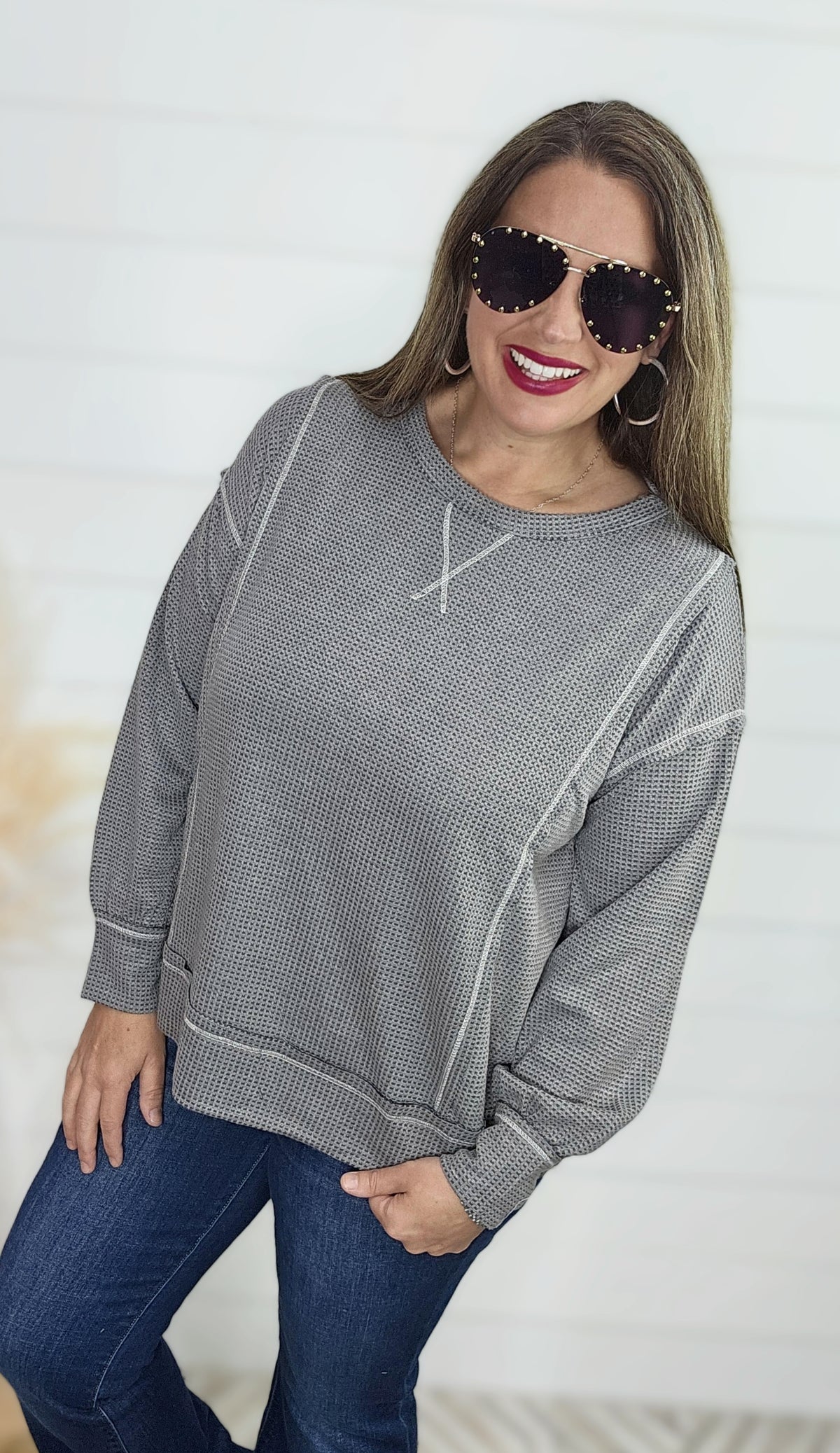 CHARCOAL WAFFLE TEXTURE LONG SLEEVE TOP