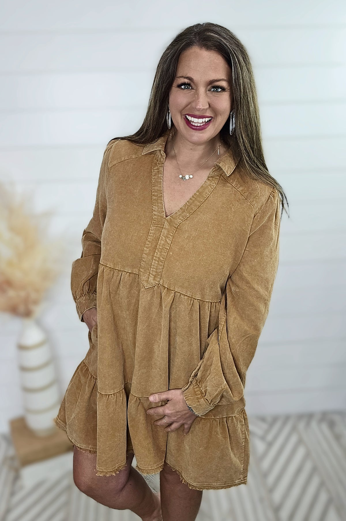 CAMEL CORDED TIERED DRESS