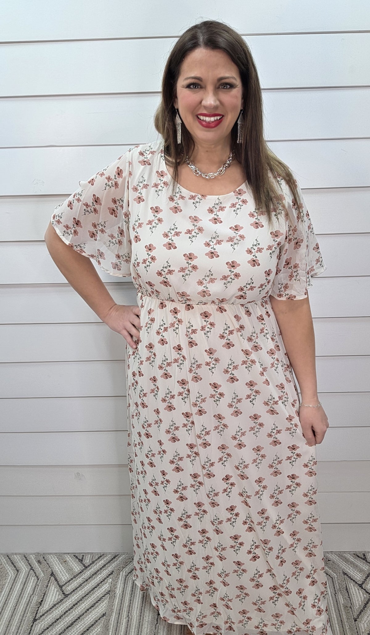 IVORY/ROSE FLORAL ELASTIC WAIST DRESS