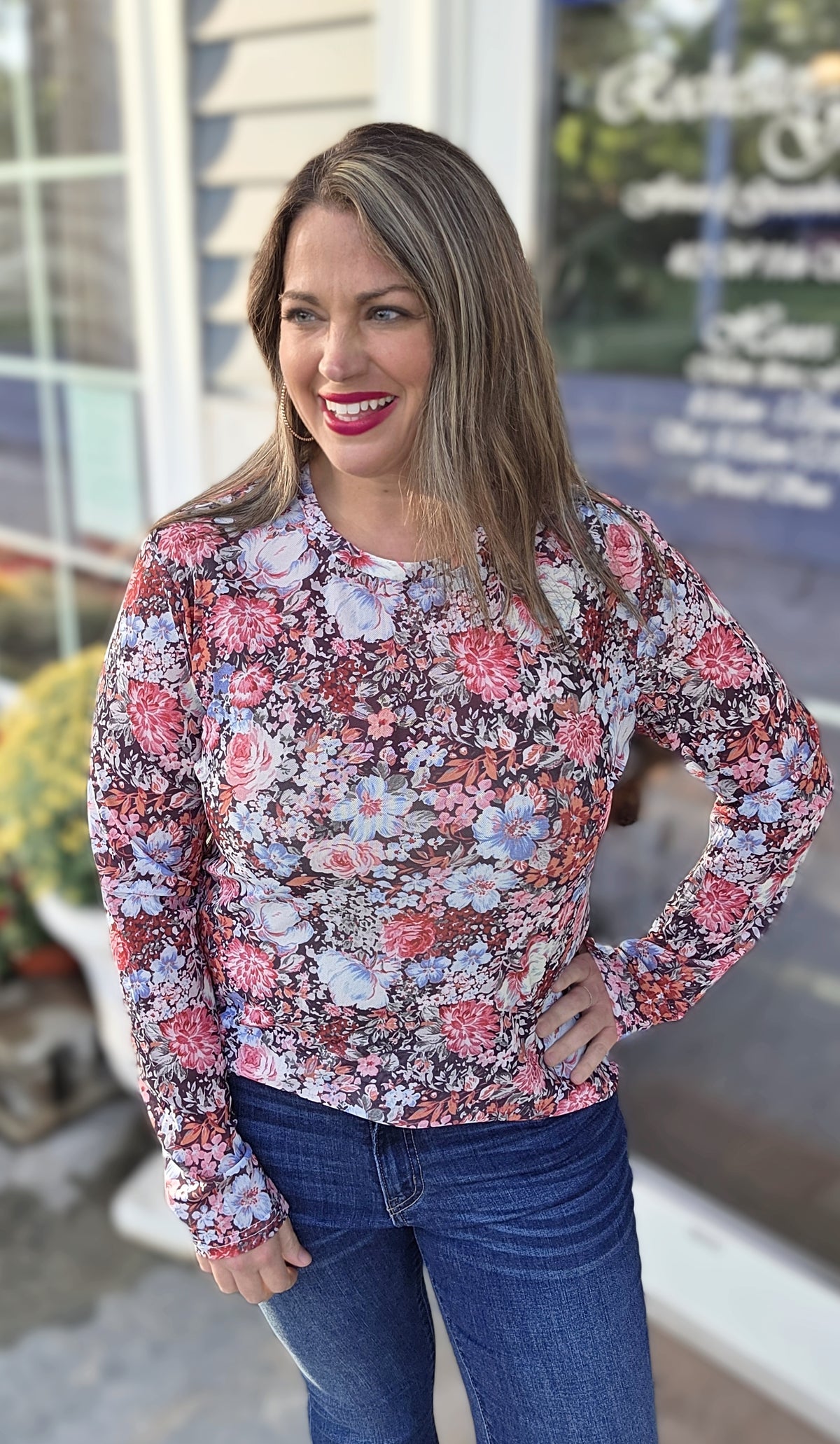 SHIRLEY AND STONE DARK FLORAL MESH TOP