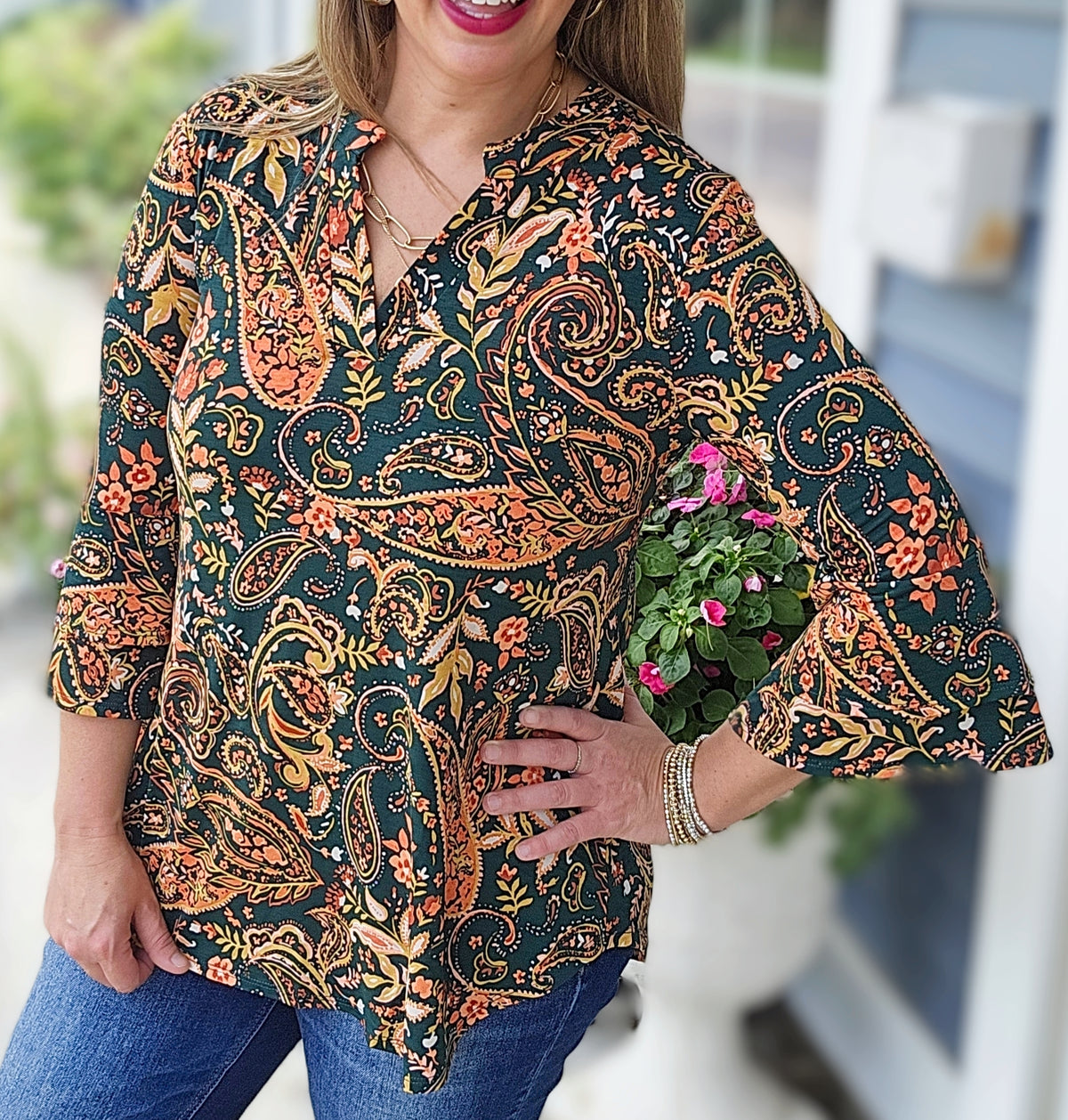 DEAR SCARLETT HUNTER GREEN/ORANGE PAISLEY DOUBLE BELL LIZZY