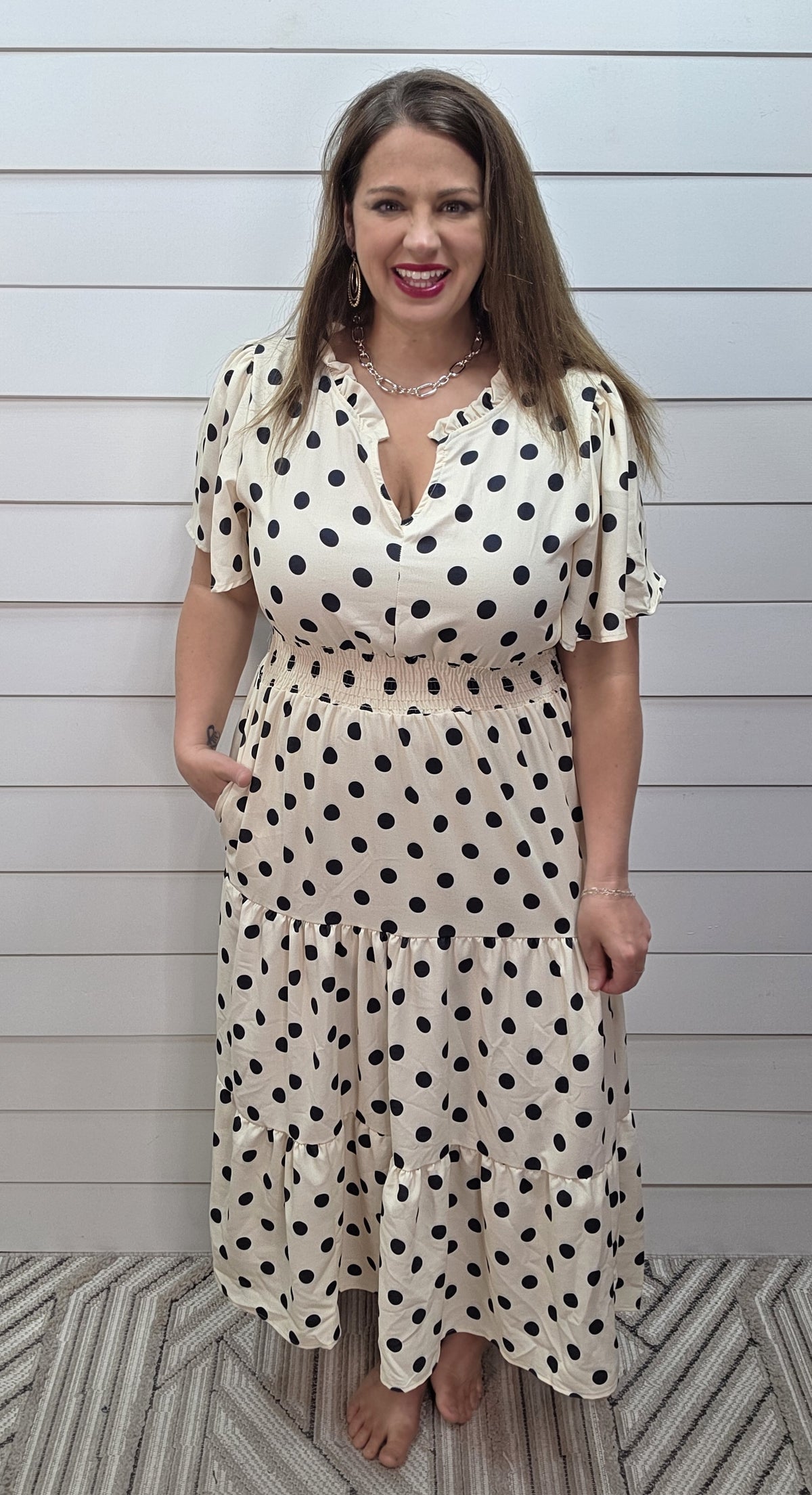 IVORY/BLACK DOT ELASTIC WASIT LONG DRESS