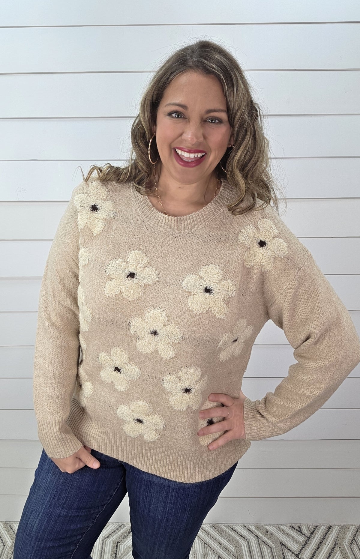 TAUPE FLOWER JACQUARD CREW NECK PULLOVER SWEATER