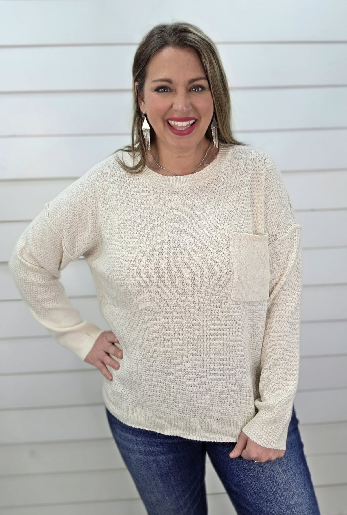 IVORY TEXTURED CHEST POCKET CREW NECK SWEATER