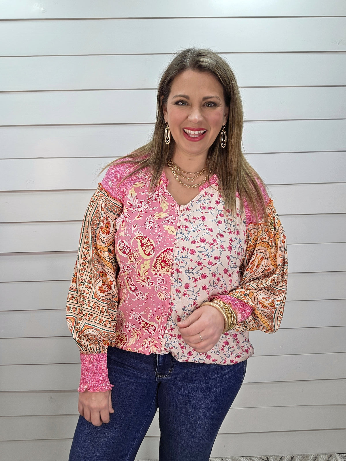PINK MULTI CONTRAST BUTTON DOWN WOVEN TOP