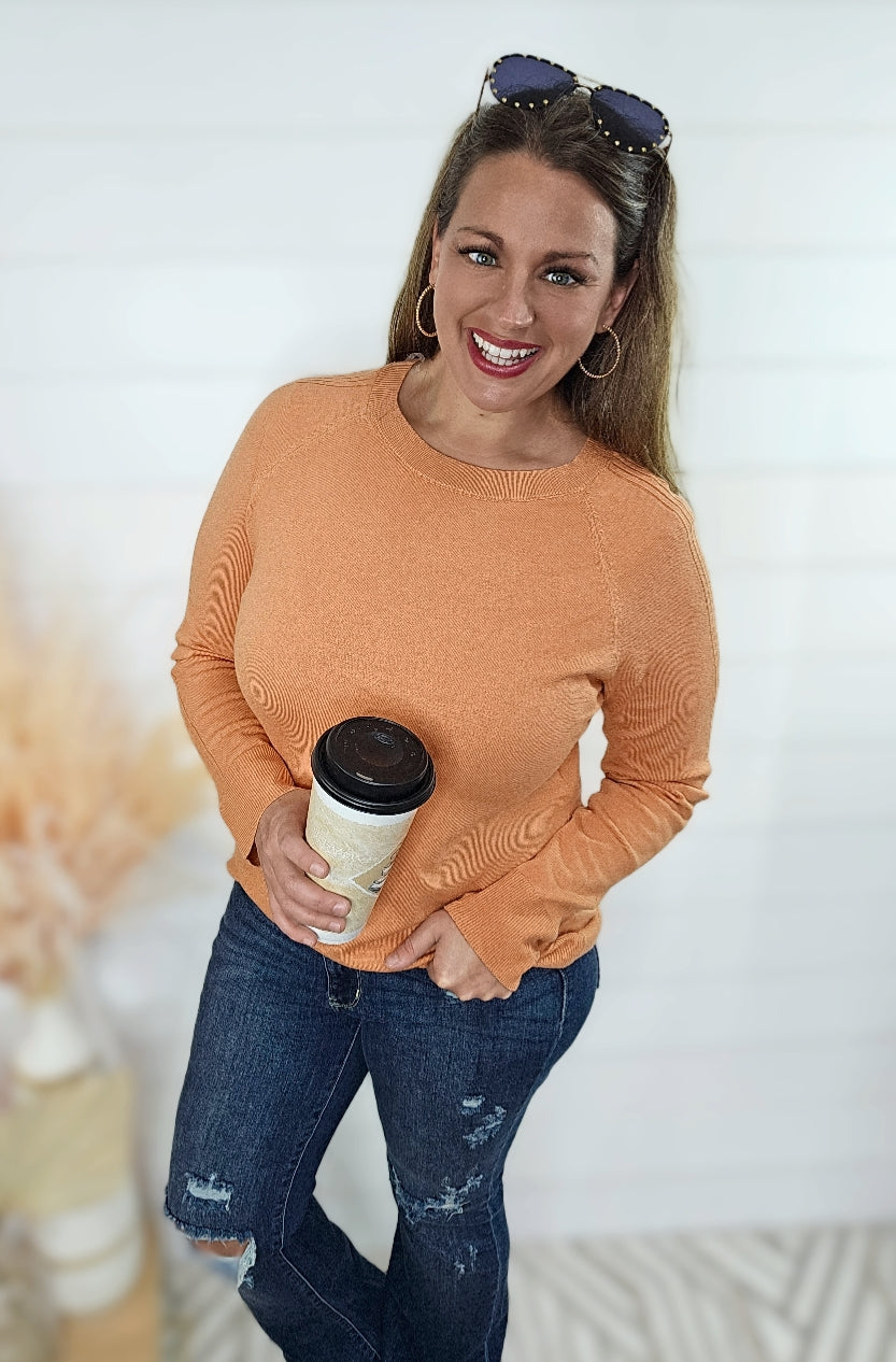 ORANGE CREW NECK RAGLAN LONG SLEEVE LIGHT WEIGHT SWEATER