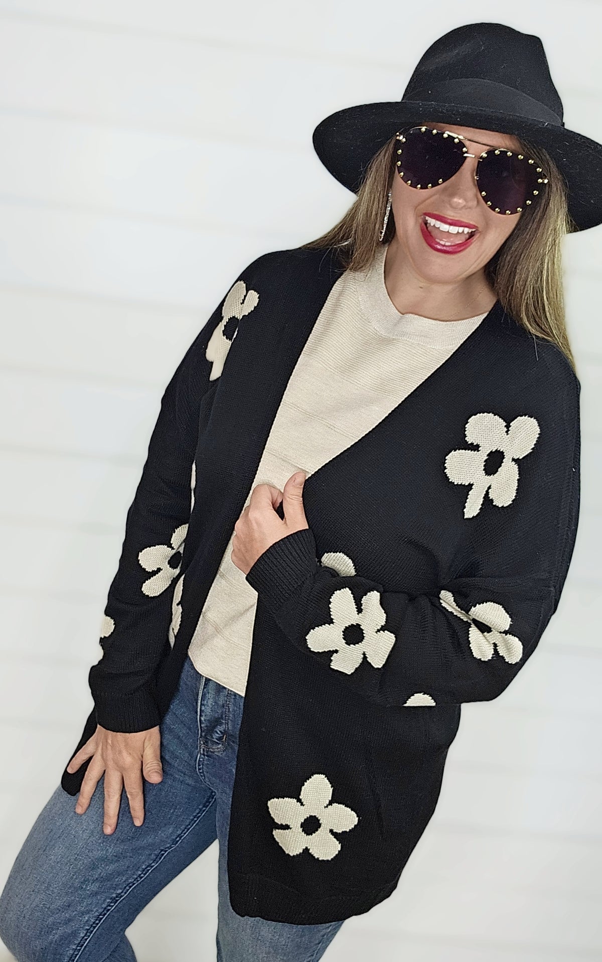 BLACK/MOCHA FLORAL KNITTED CARDIGAN