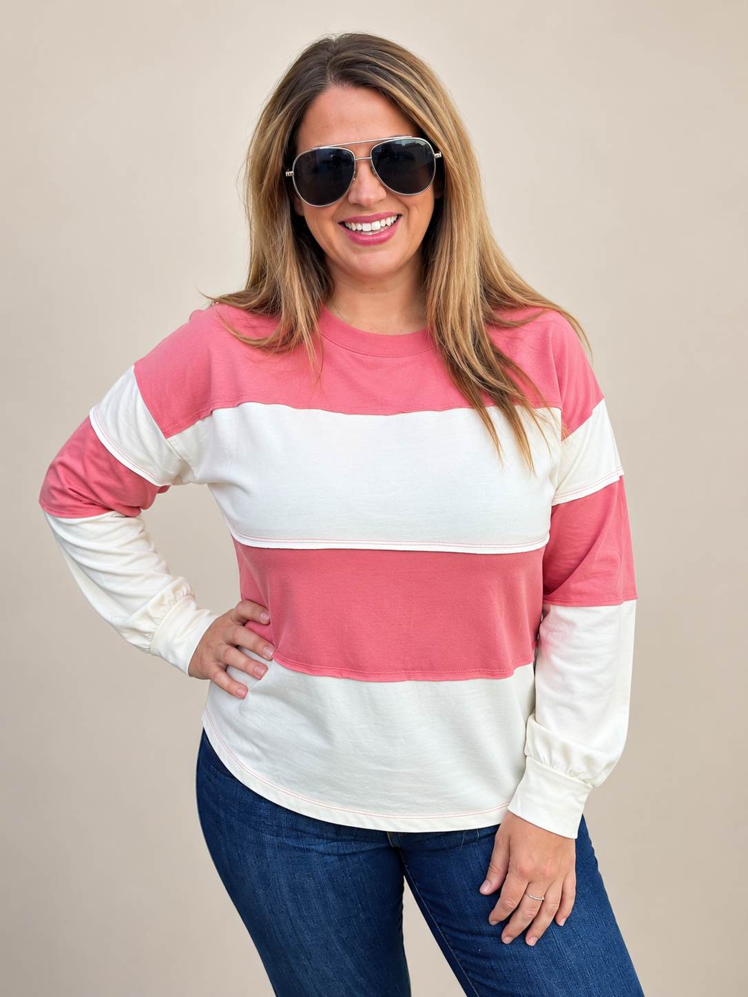 CORAL/OATMEAL Crewneck Panel Color Block Long Sleeve Knit Top