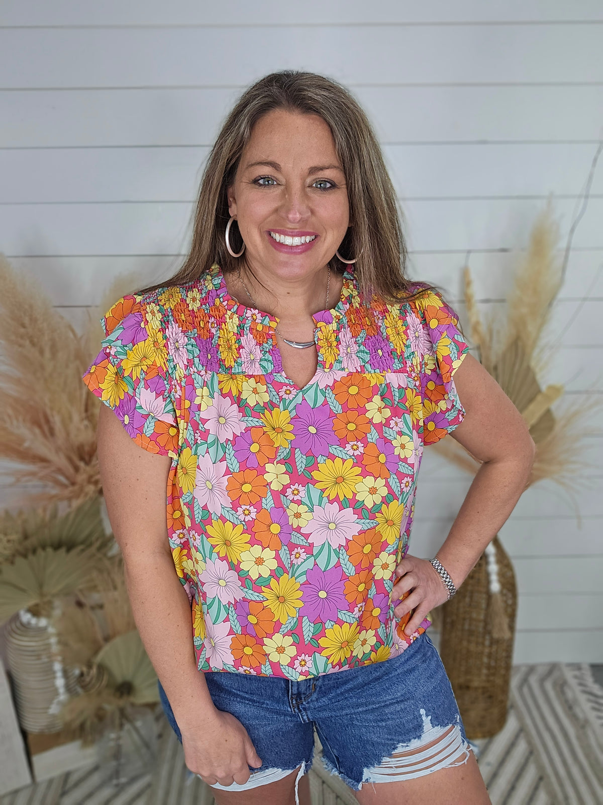 HOT PINK MIX FLORAL PRINTED SMOCKED YORK TOP