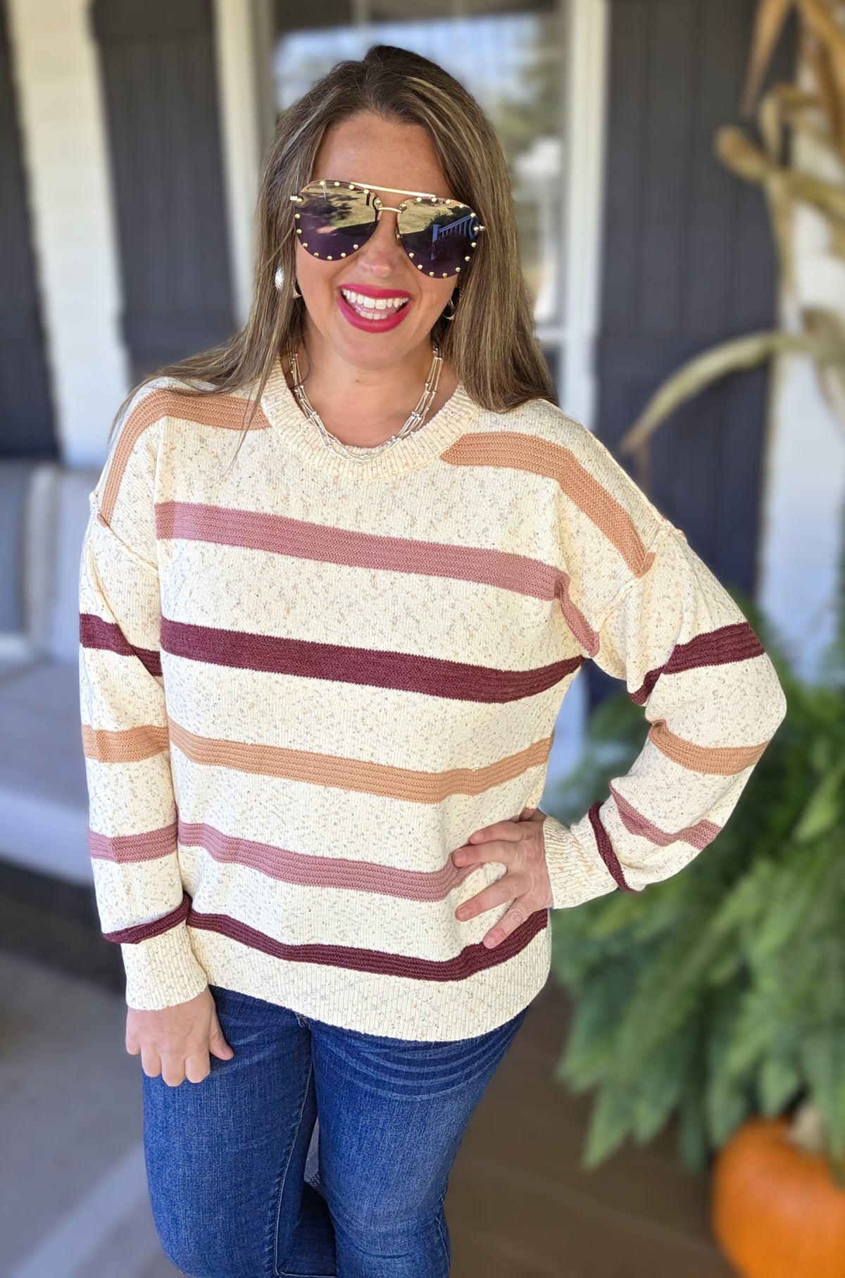 OATMEAL/ROSE SPECK STRIPED KNIT LIGHT WEIGHT SWEATER