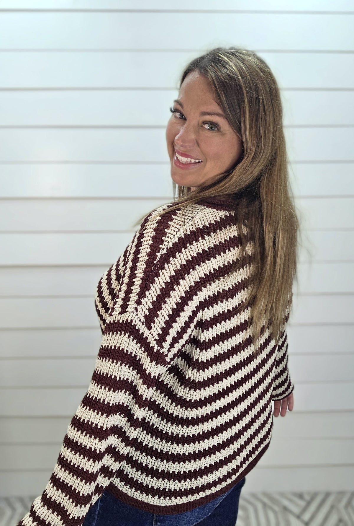 BURGUNDY Stripe Raw Edge Split Neck Sheer Knit Sweater