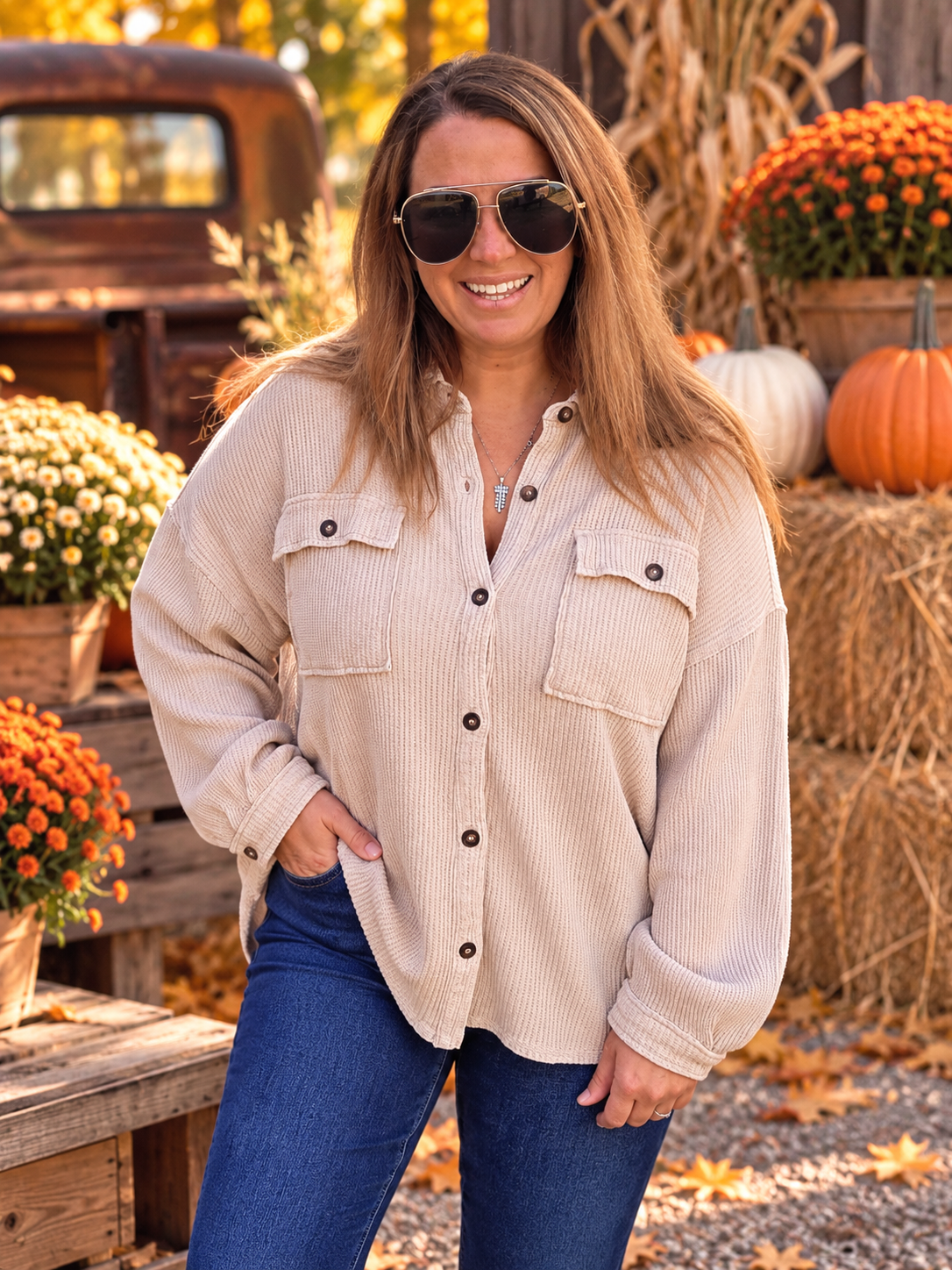 Taupe Mineral Wash Oversized Waffle Knit Button Down Top