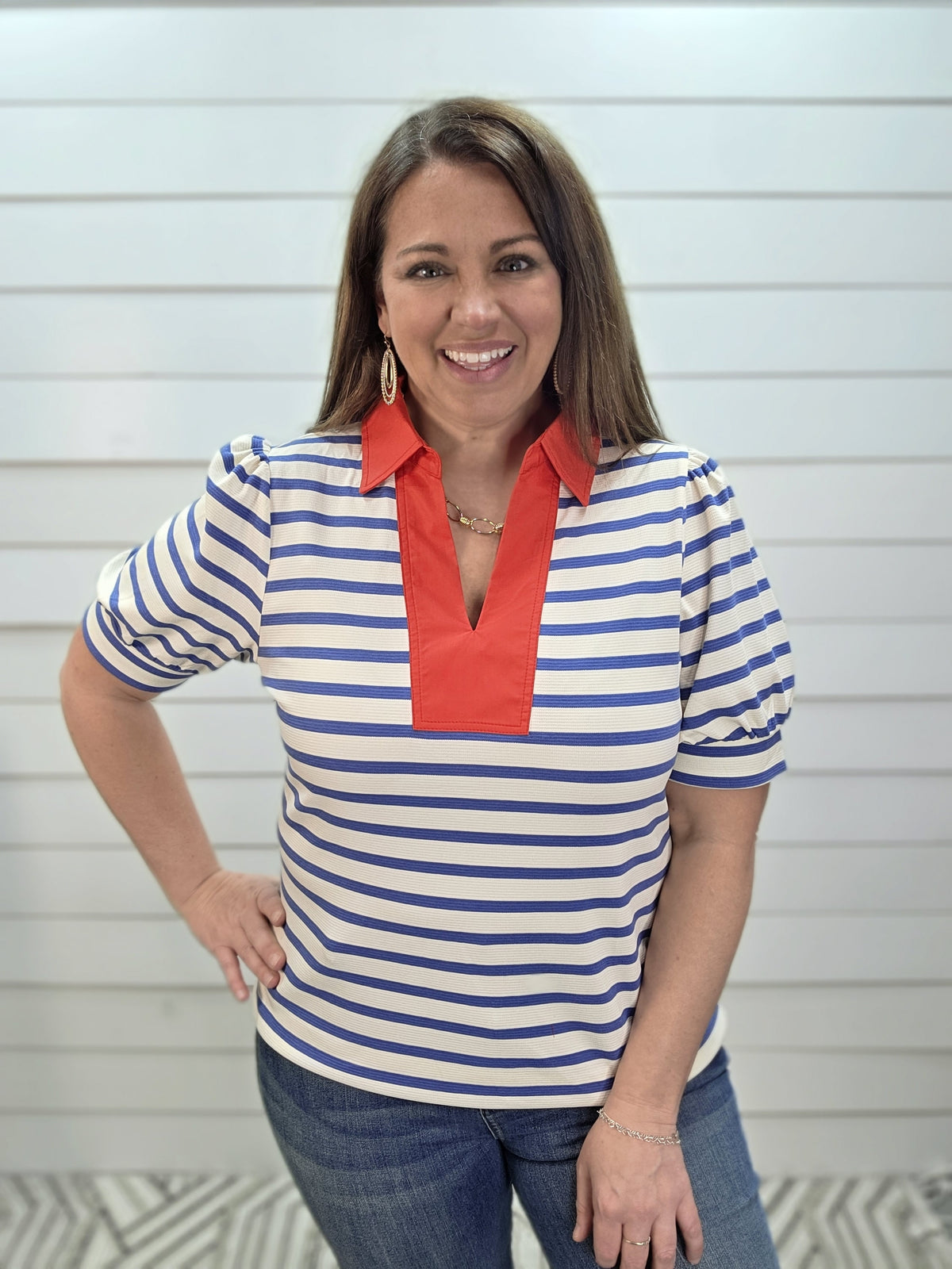 BLUE STRIPED KNIT TOP W/ RED LAY DOWN COLLAR