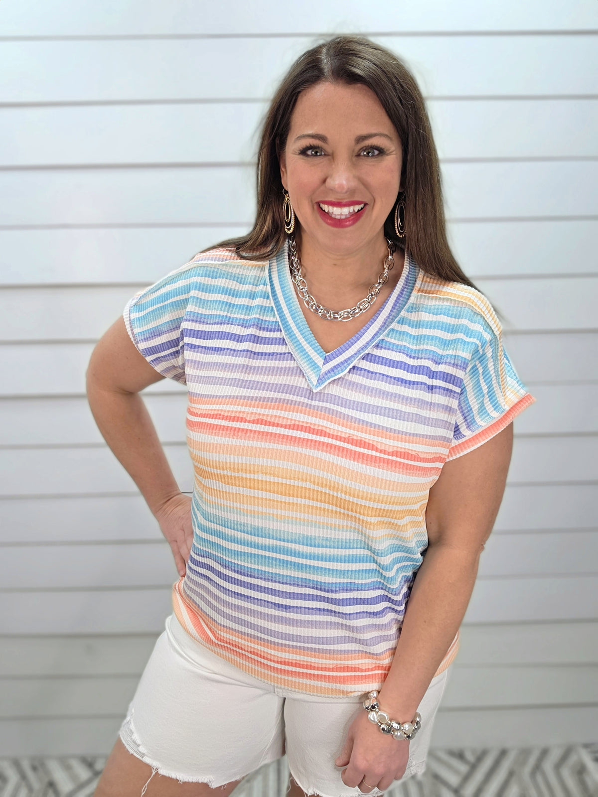 MULTI COLOR STRIPED RAISED RIBBED KNIT TOP