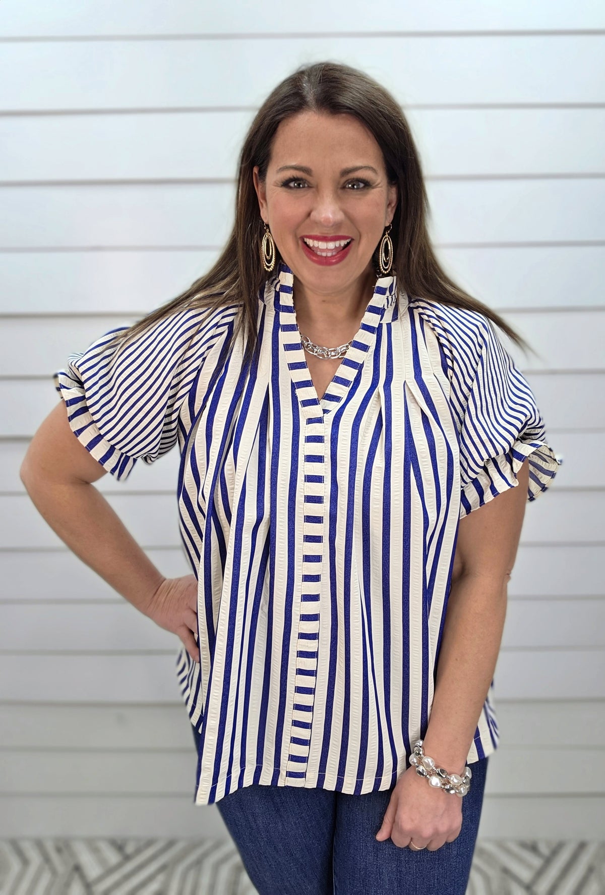 BLUE/CREAM STRIPED V NECK OVERSIZED WOVEN TOP