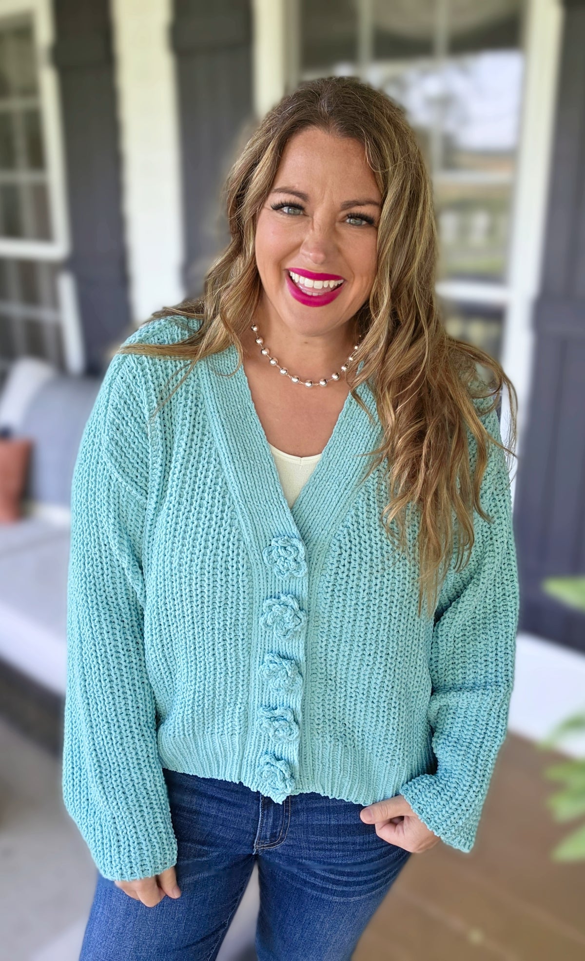 POL AQUA CABLE KNIT FLORAL BUTTON CARDIGN