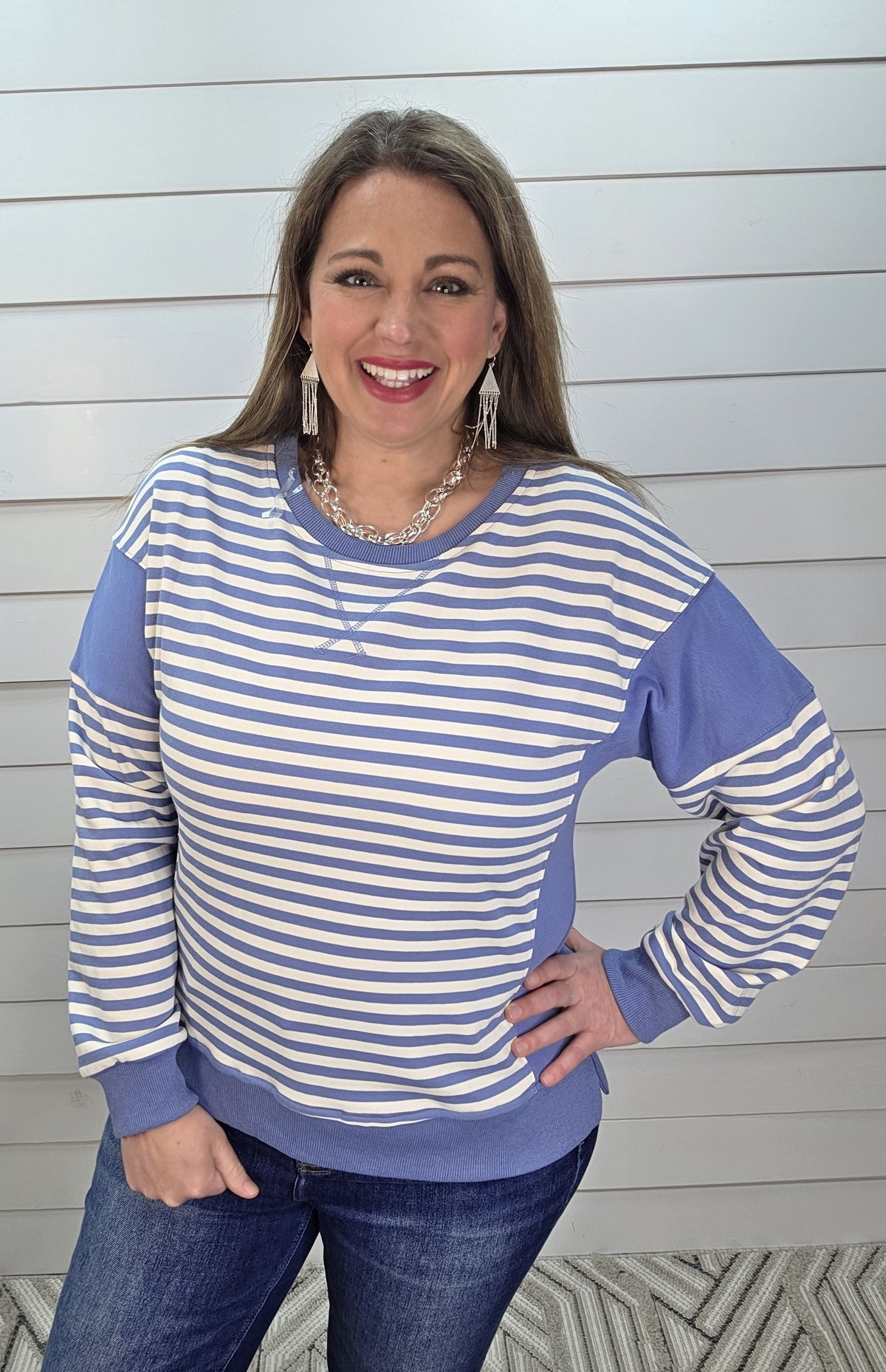 LT BLUE STRIPED FRENCH TERRY PULLOVER
