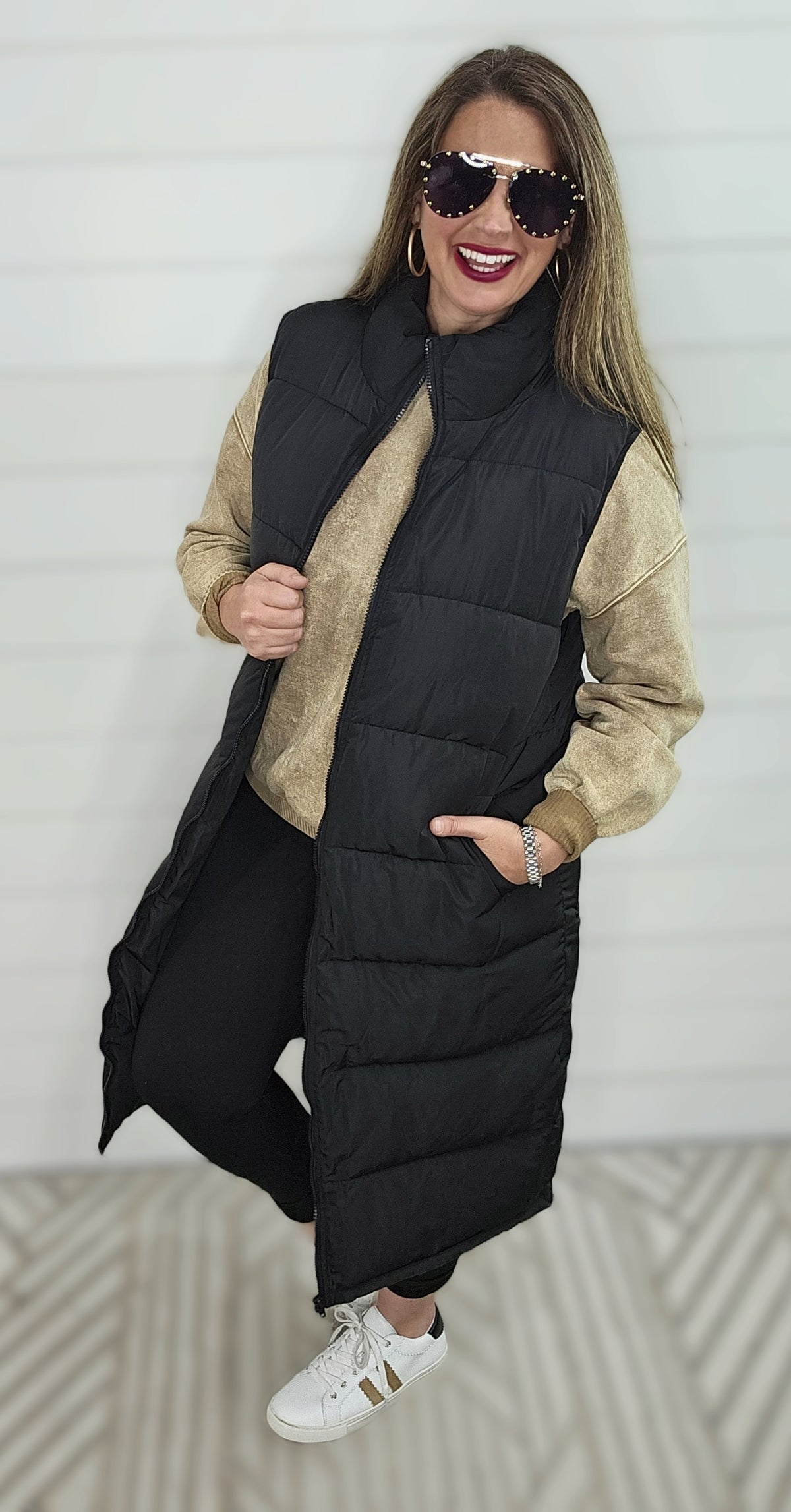 BLACK LONG PUFF VEST FRONT ZIP