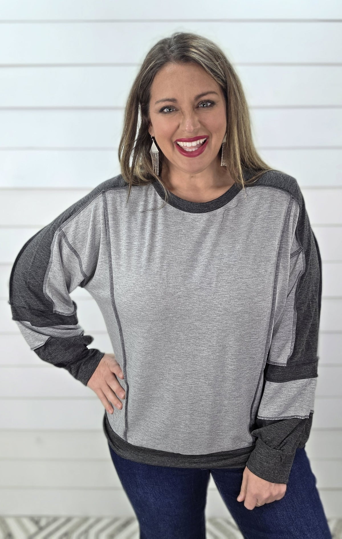 H GREY/CHARCOAL/PLAID CONTRAST KNIT TOP