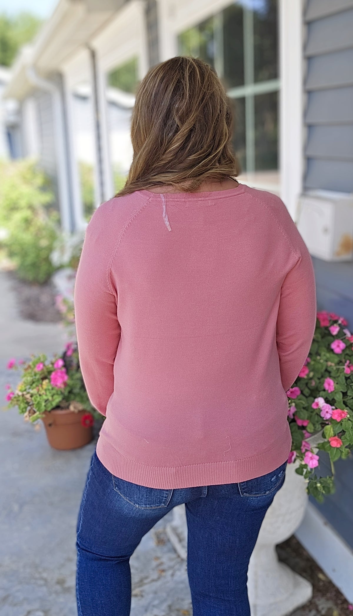 PINK MINI WAFFLE TEXTURE CREW NECK LIGHT WEIGHT SWEATER WITH CONTRAST SLEEVE