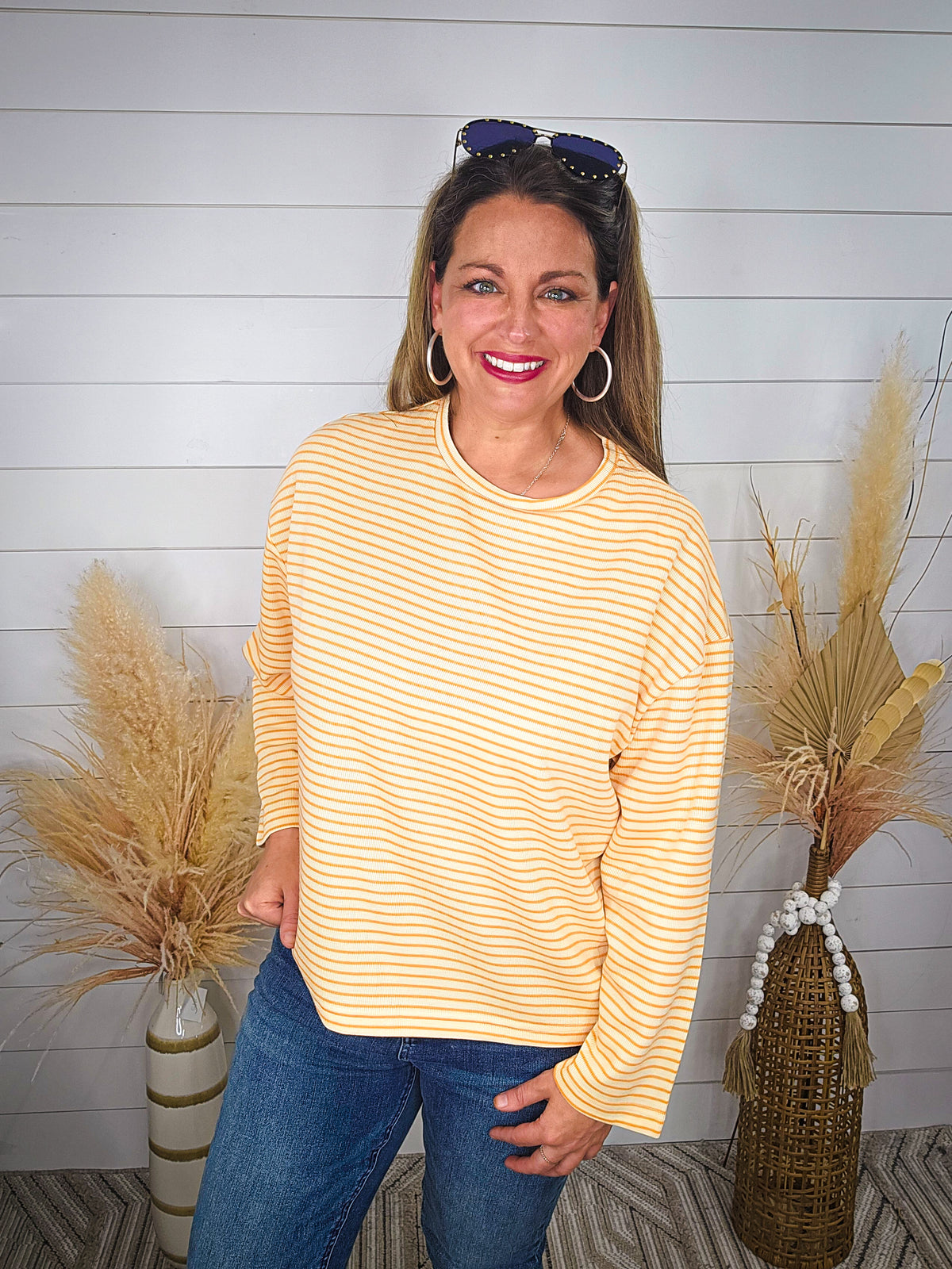 CREAM/ORANGE STRIPED KNIT LONG SLEEVE BOX TOP