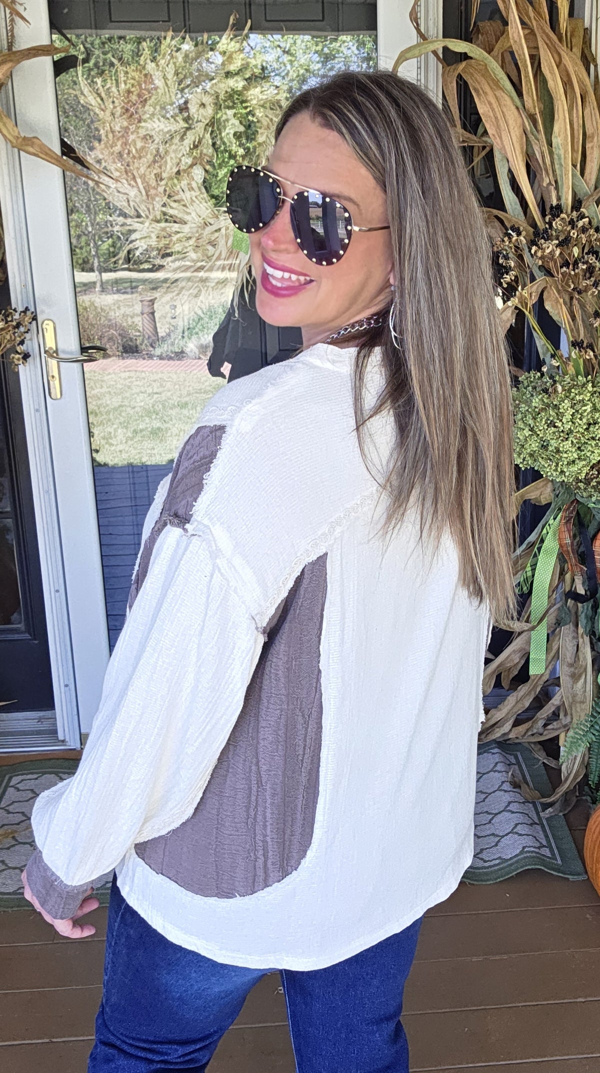 POL CREAM/BROWN DOUBLE POCKET LACE TRIM TOP