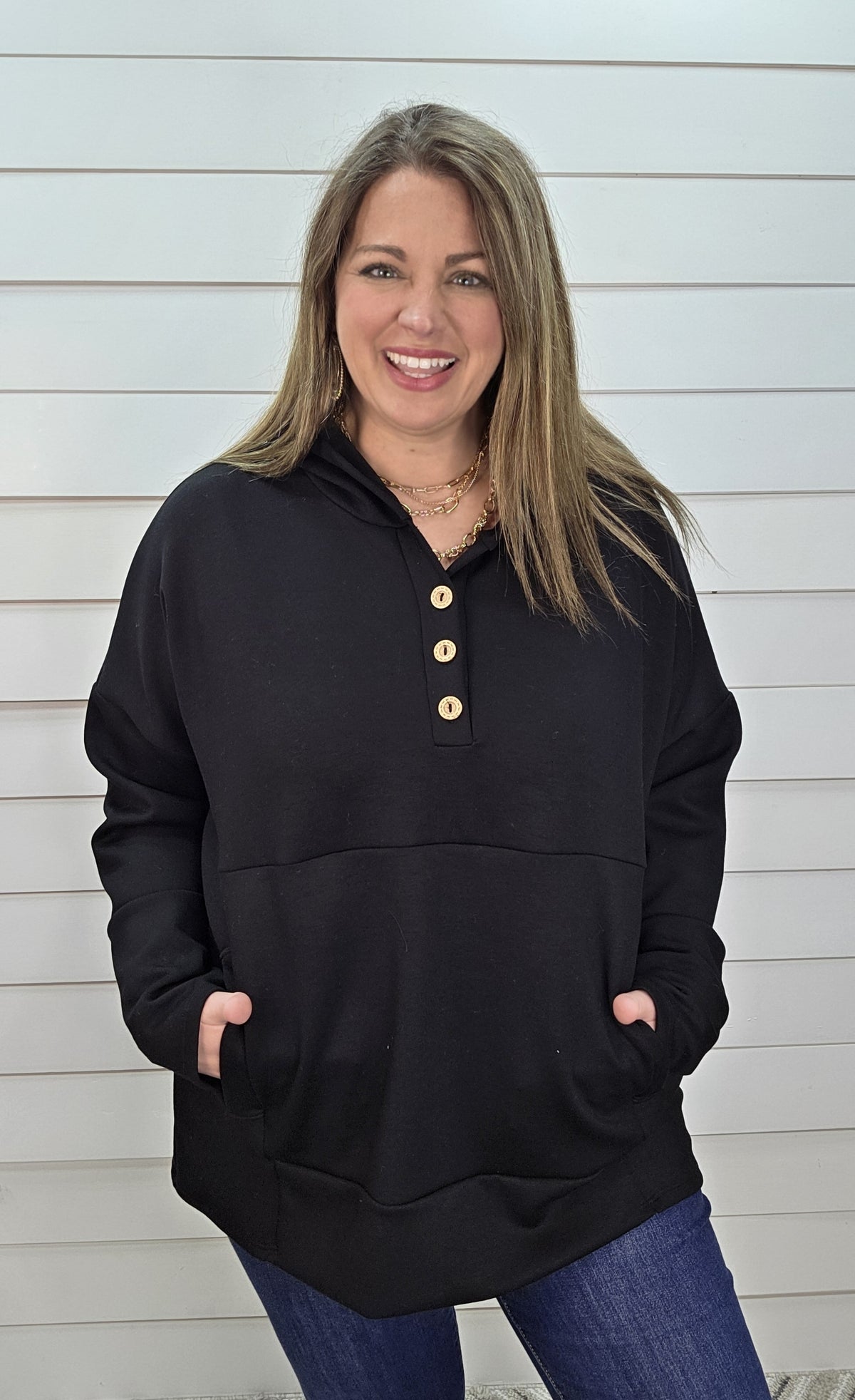 BLACK OVERSIZED SCUBA HOODED HENLEY TOP