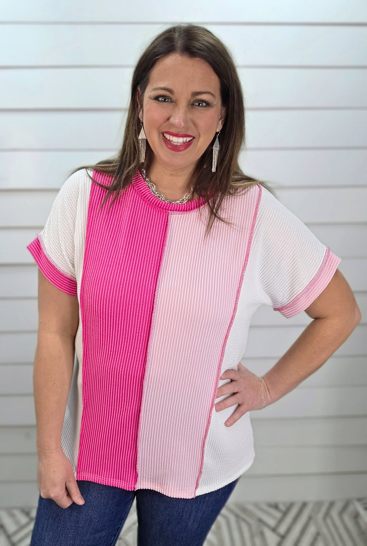 IVORY/FUCHSIA/PINK RAISED RIBBED COLORBLOCK KNIT TOP