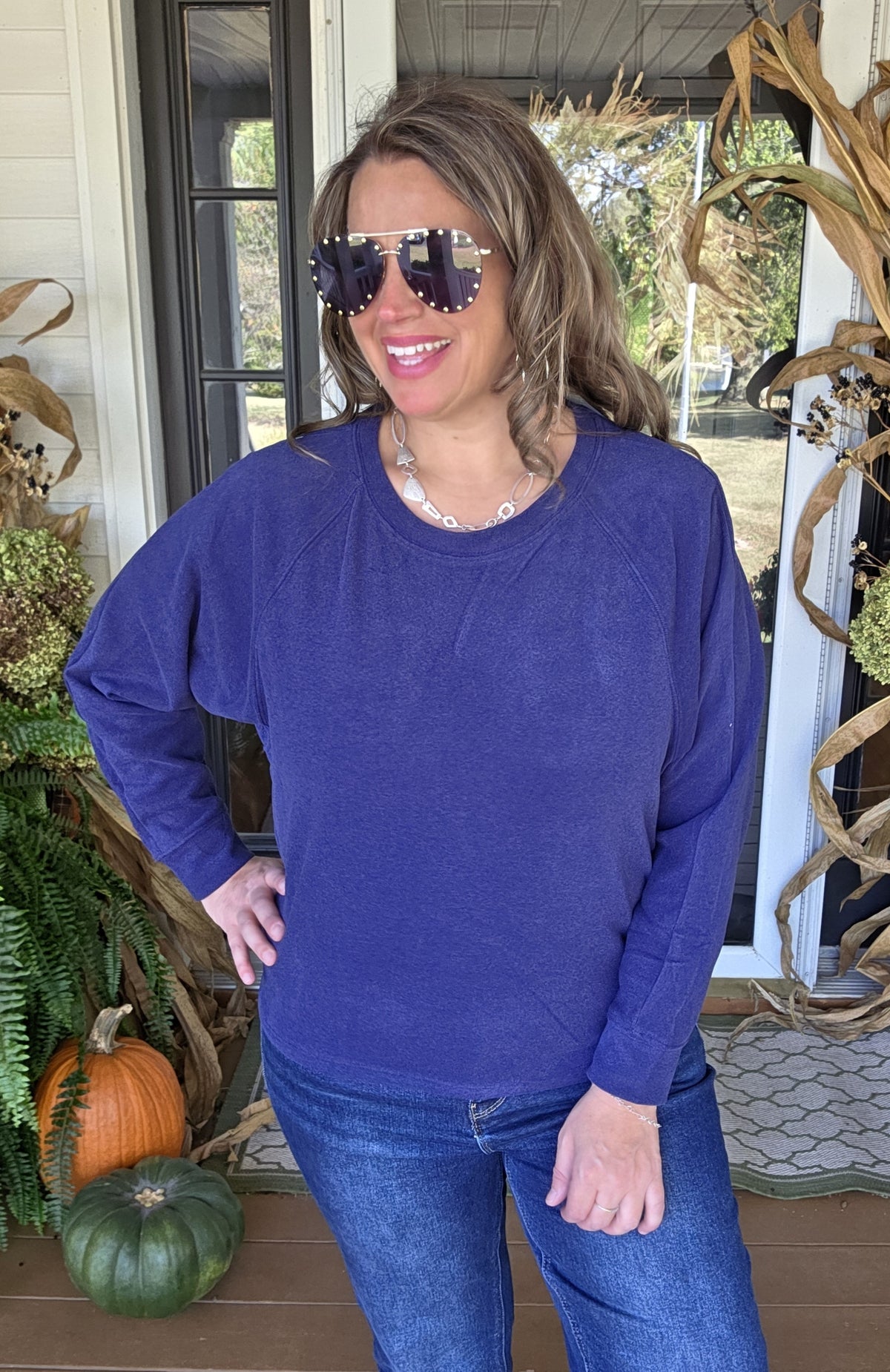 KAREN HART NAVY BRUSHED KNIT BUTTER DOLMAN KNIT TOP