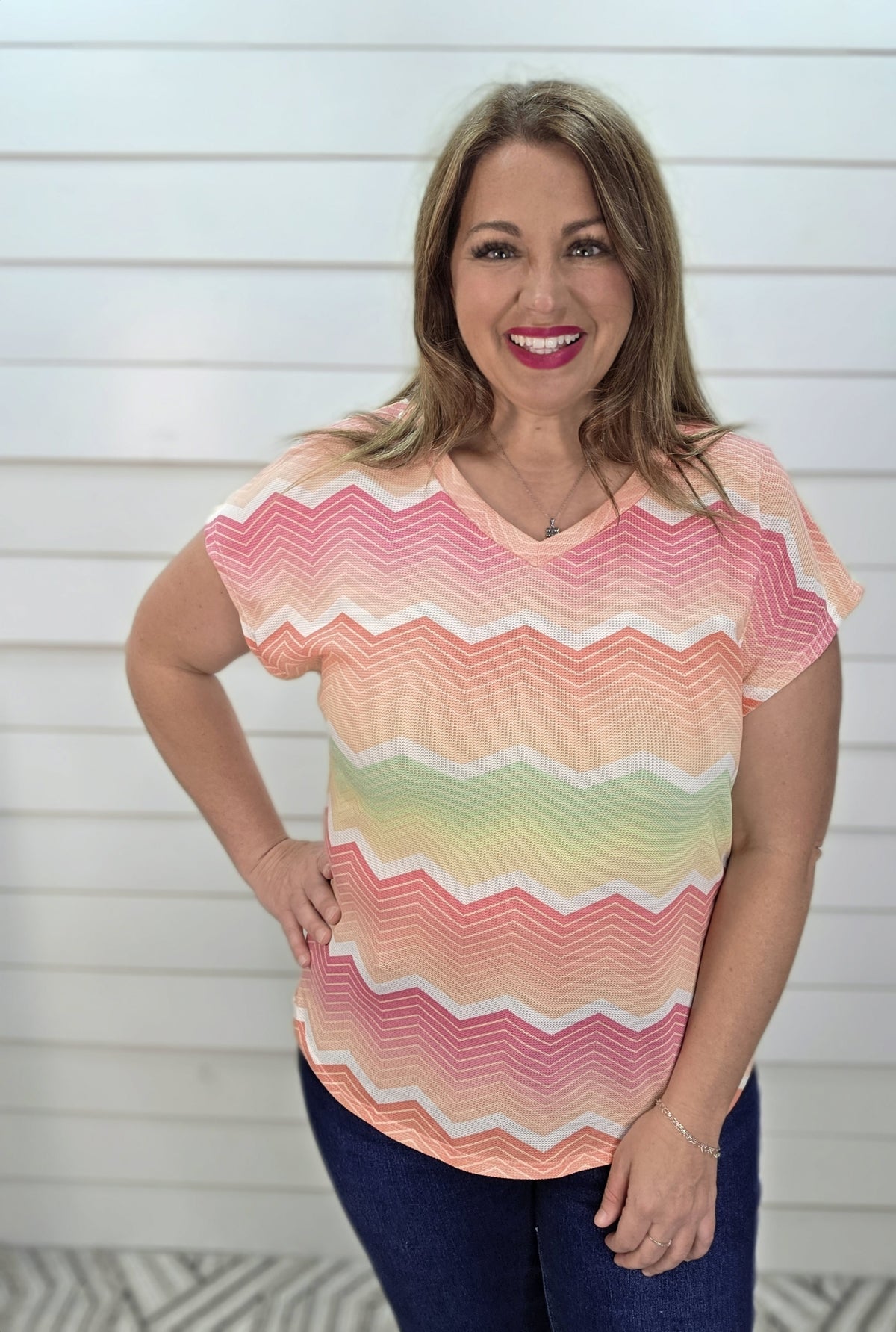 MINT/CORAL MULTI COLOR CHEVRON KNIT V NECK TOP