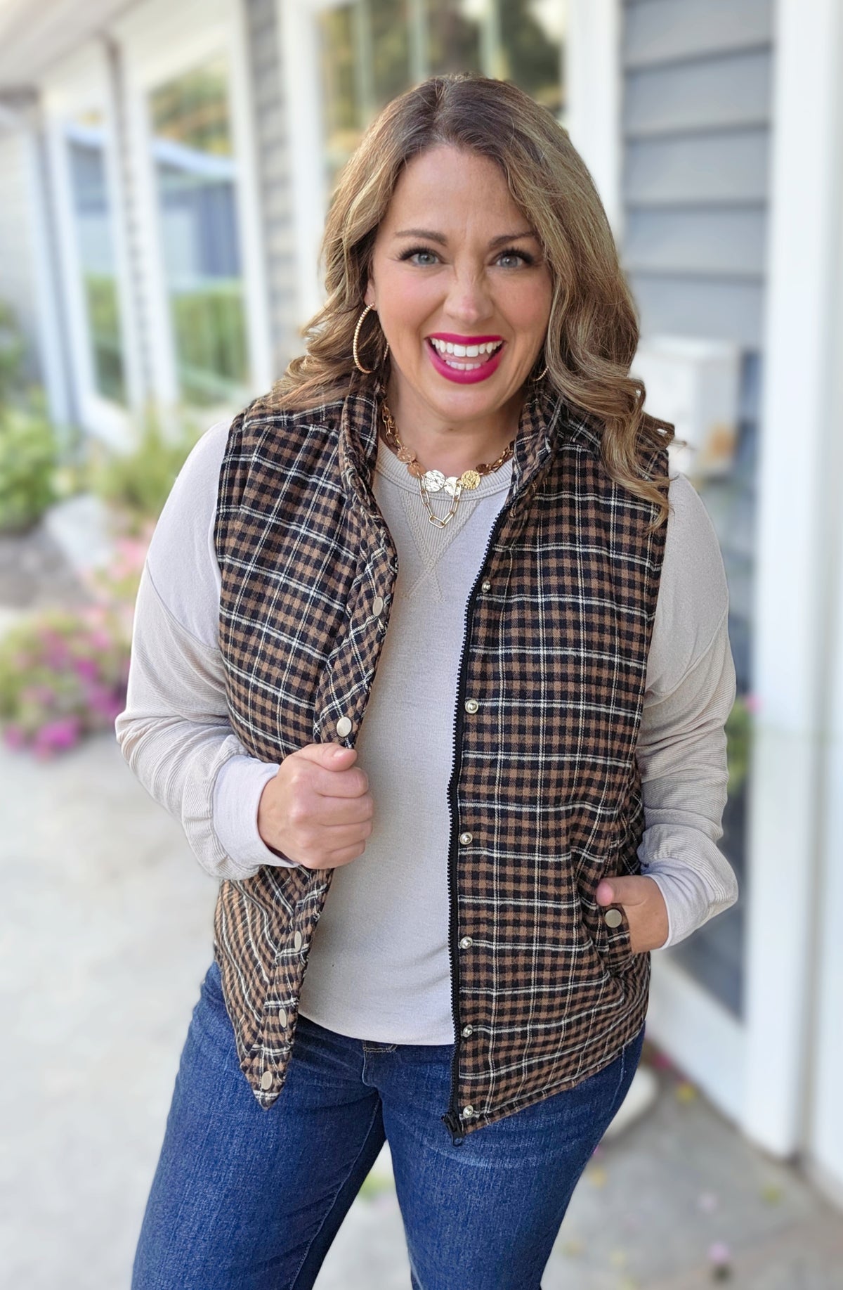 TAUPE/BLACK PLAID SNAP/ZIPPER VEST