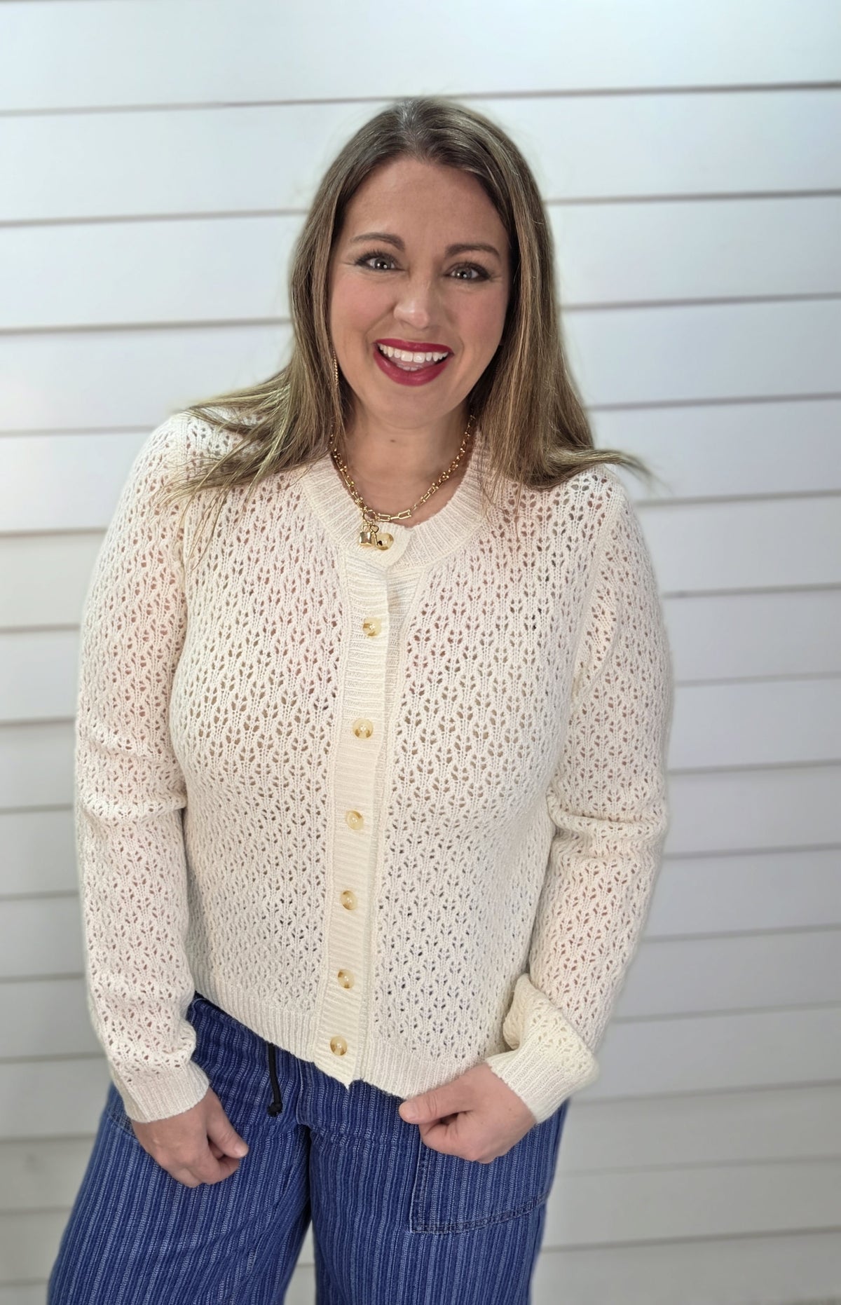 CREAM KNIT EYELET BUTTON DOWN KNIT CARDIGAN
