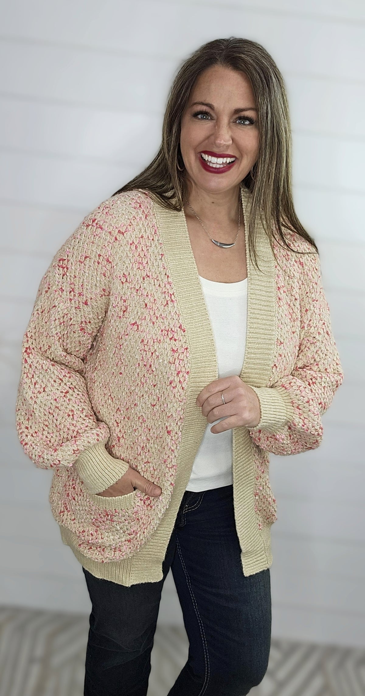 TAUPE/PINK POPCORN OPEN FRONT CARDIGAN