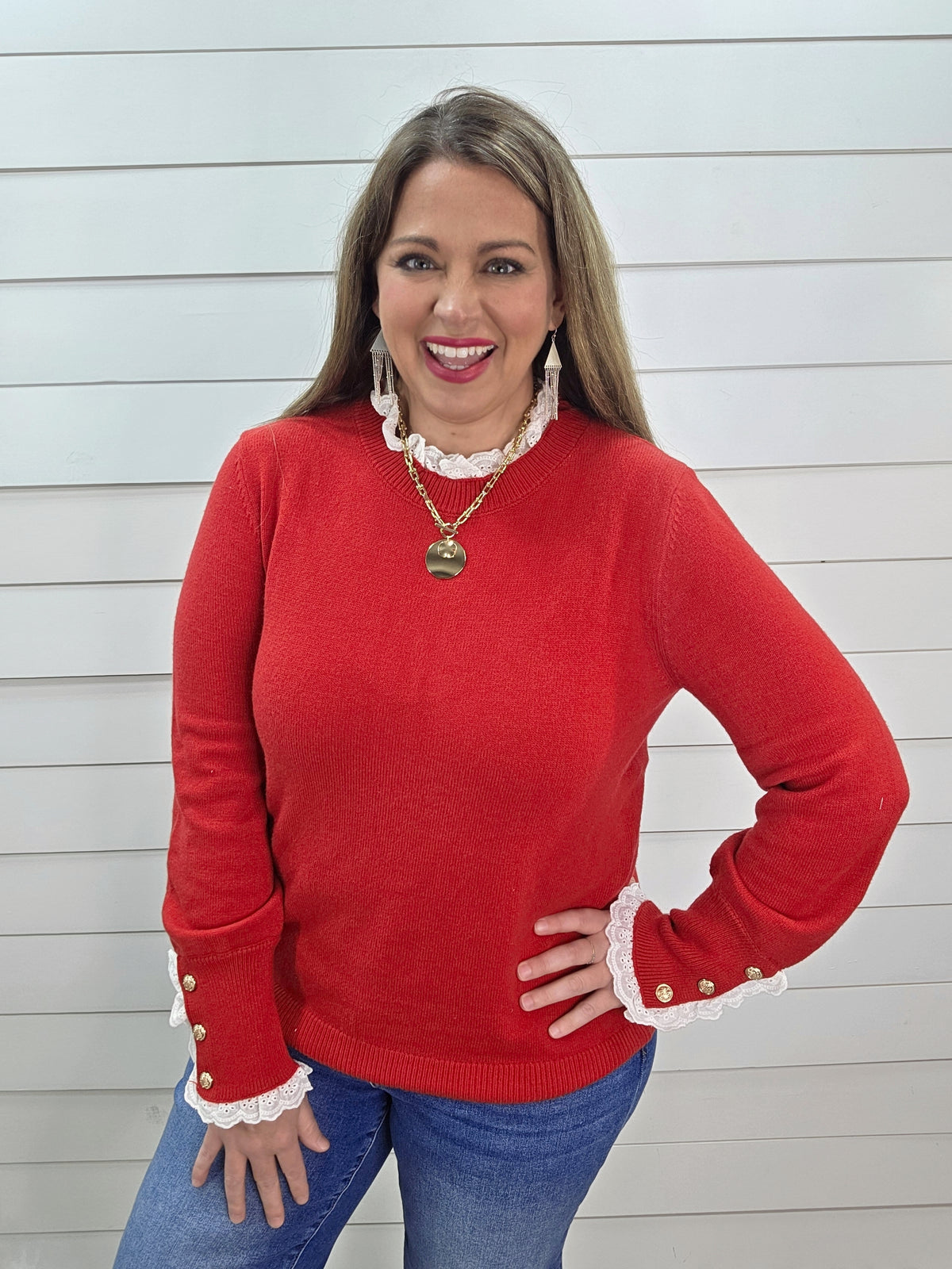 RED LACE TRIM SOFT PULLOVER SWEATER