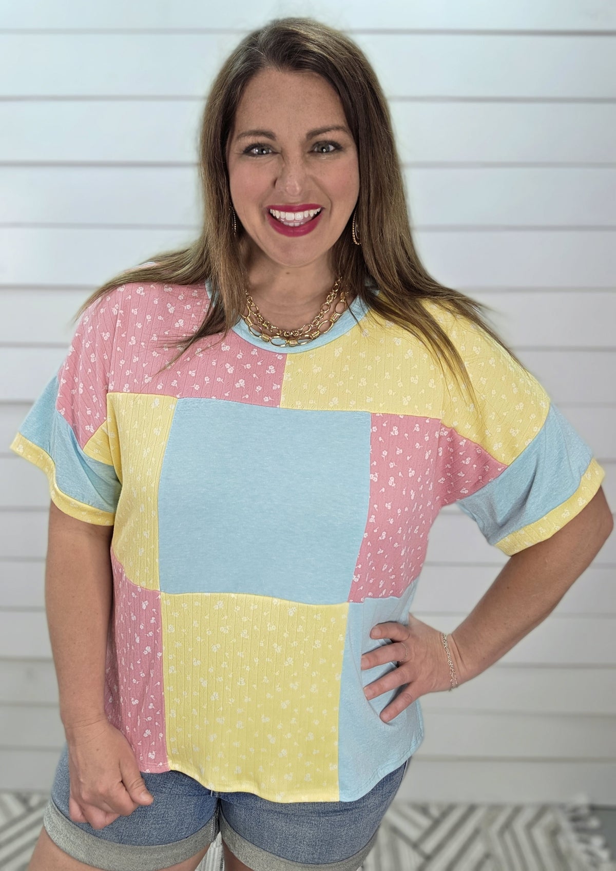 MINT/YELLOW/PINK PATCHWORK KNIT TOP