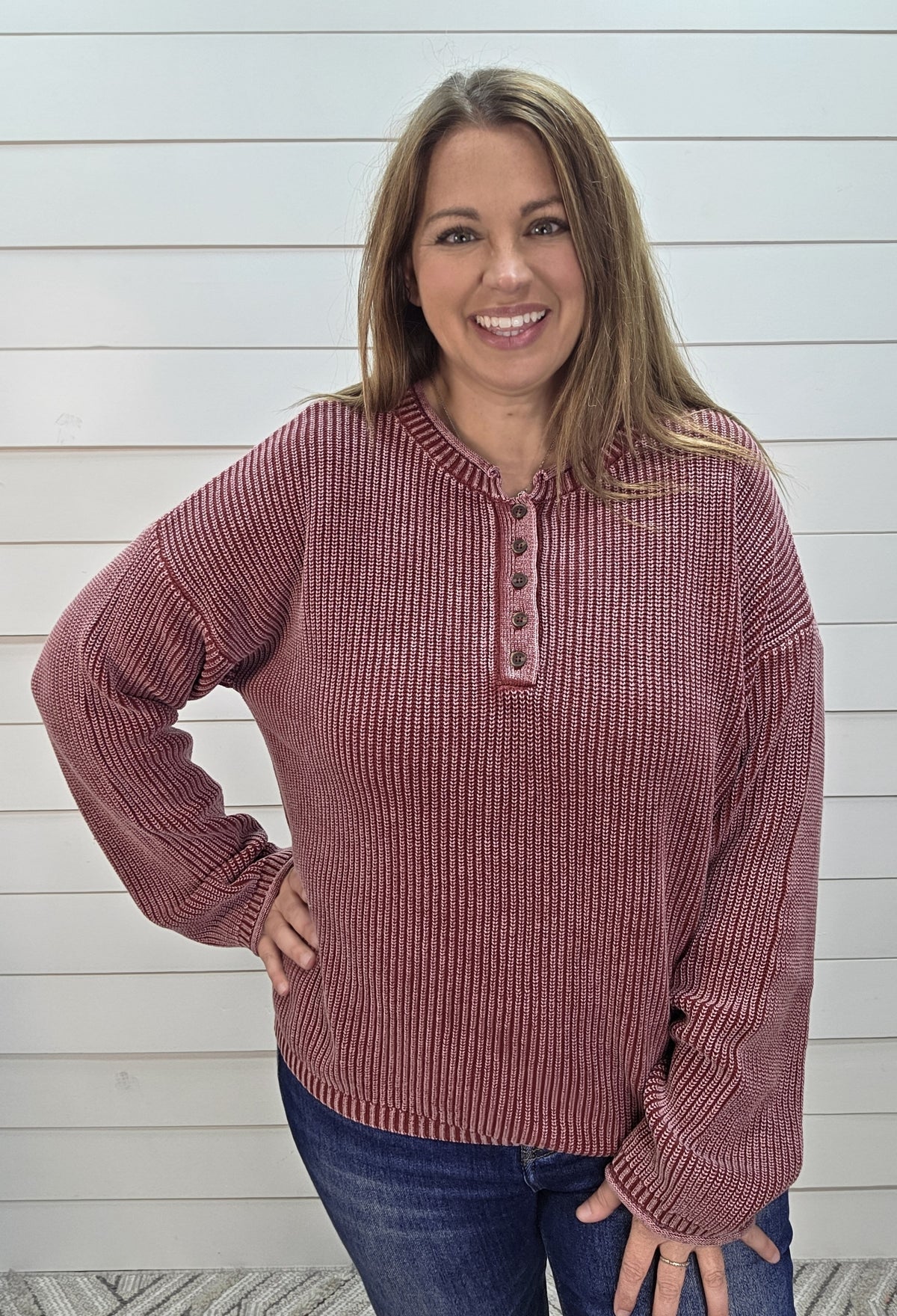 Burgundy Mineral Wash Henley Sweater